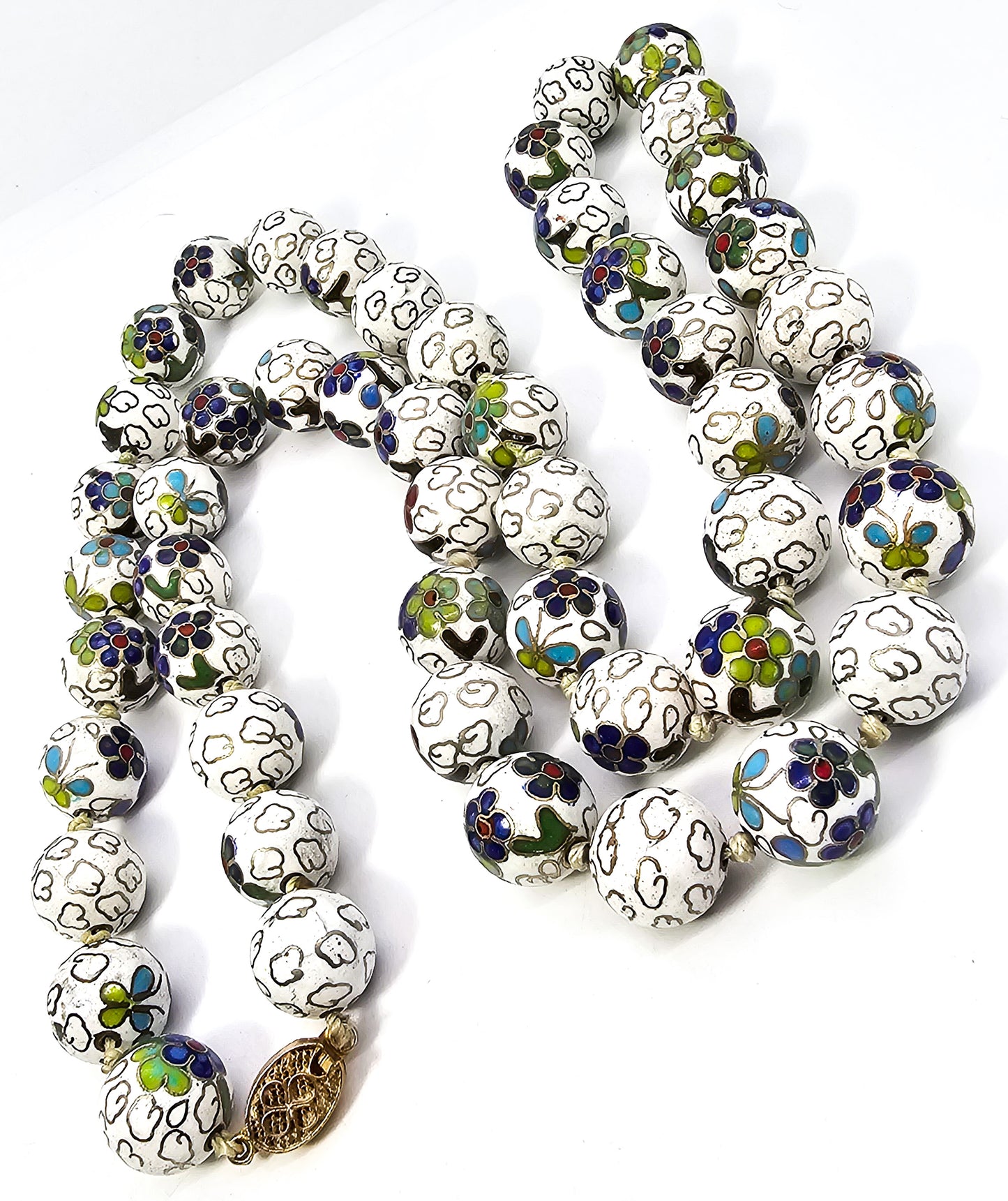 Chinese Cloisonne Enamel Knotted Floral Bead 36 inch filigree clasp Necklace Chipped