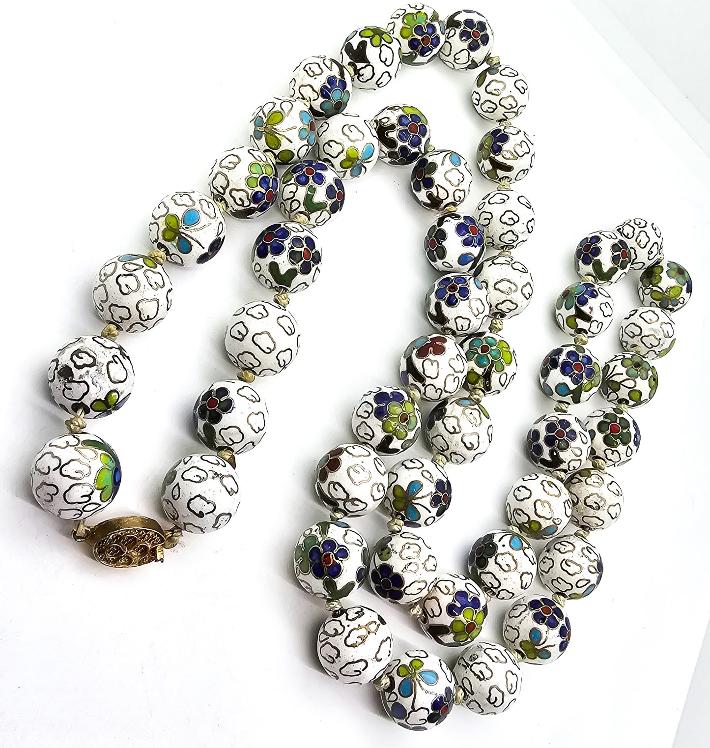 Chinese Cloisonne Enamel Knotted Floral Bead 36 inch filigree clasp Necklace Chipped