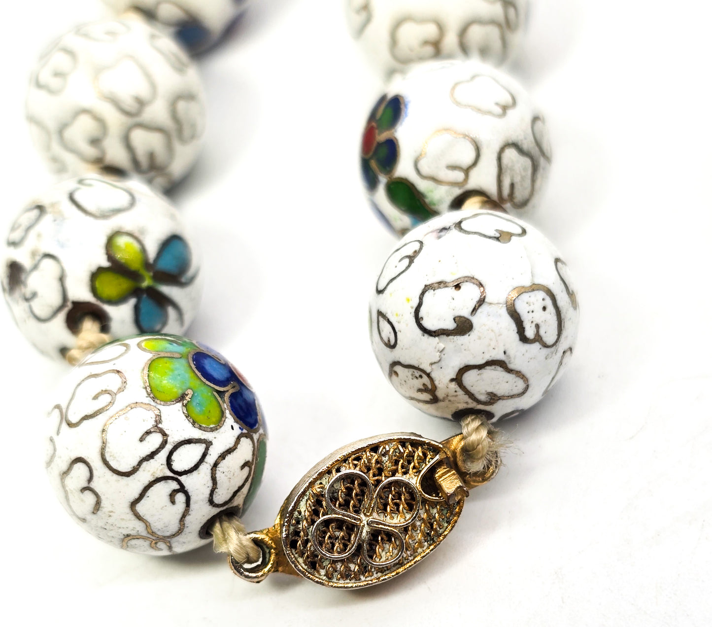 Chinese Cloisonne Enamel Knotted Floral Bead 36 inch filigree clasp Necklace Chipped