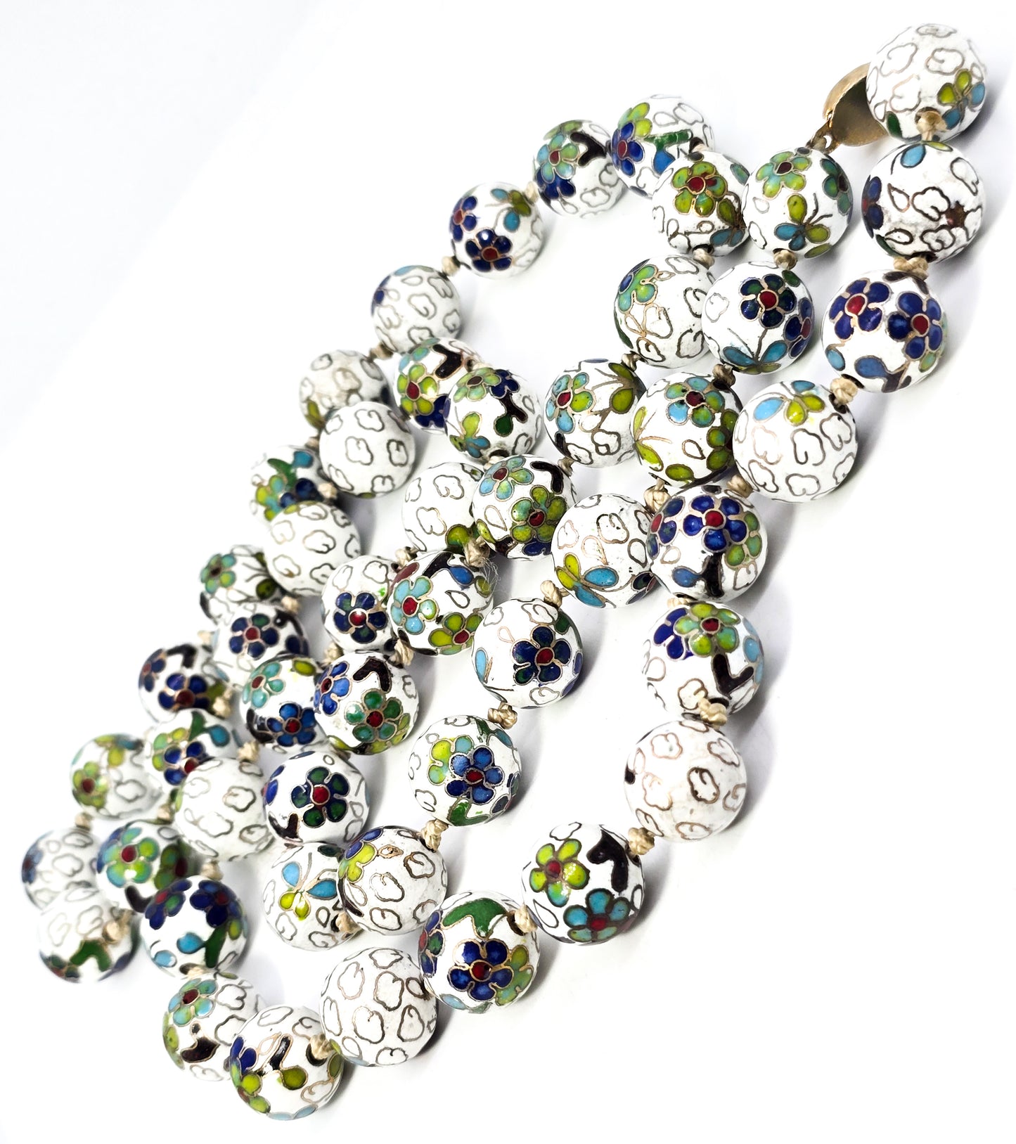 Chinese Cloisonne Enamel Knotted Floral Bead 36 inch filigree clasp Necklace Chipped
