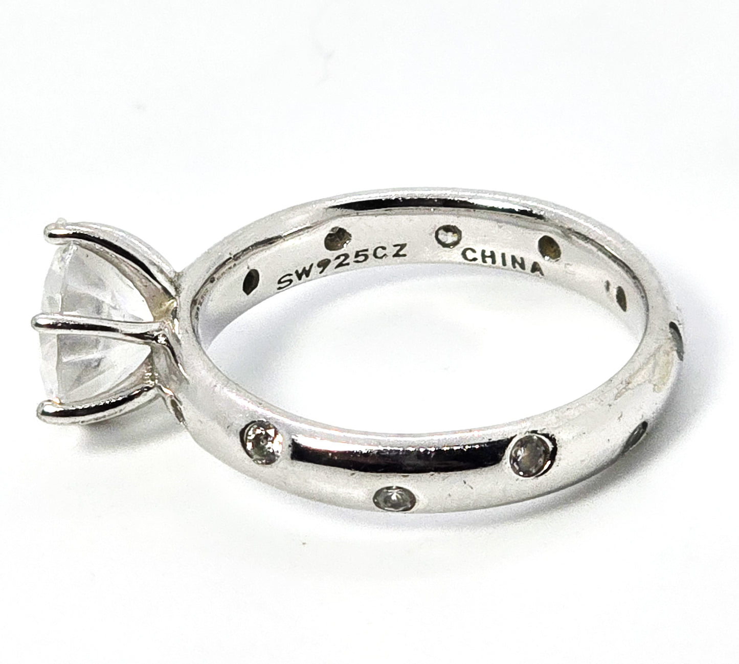 Gypsy inset SW Cubic Zirconia solitaire with inlay CZ sterling silver ring band size 7.5