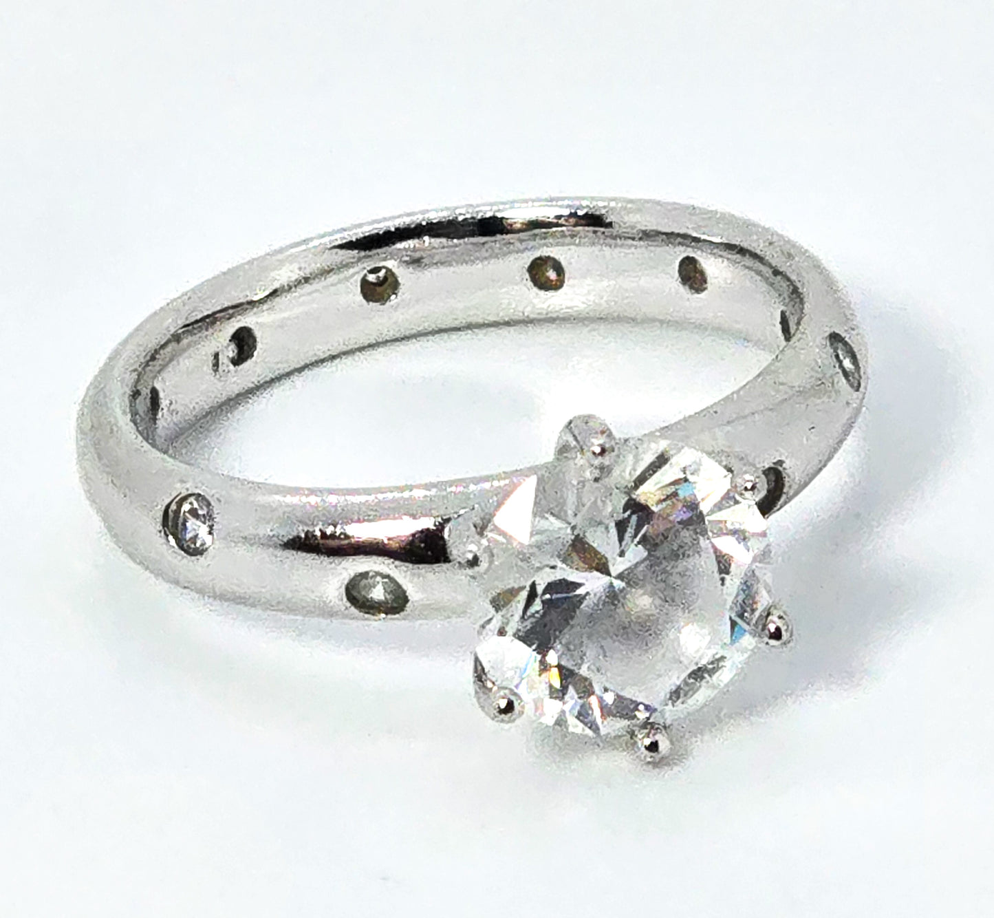 Gypsy inset SW Cubic Zirconia solitaire with inlay CZ sterling silver ring band size 7.5