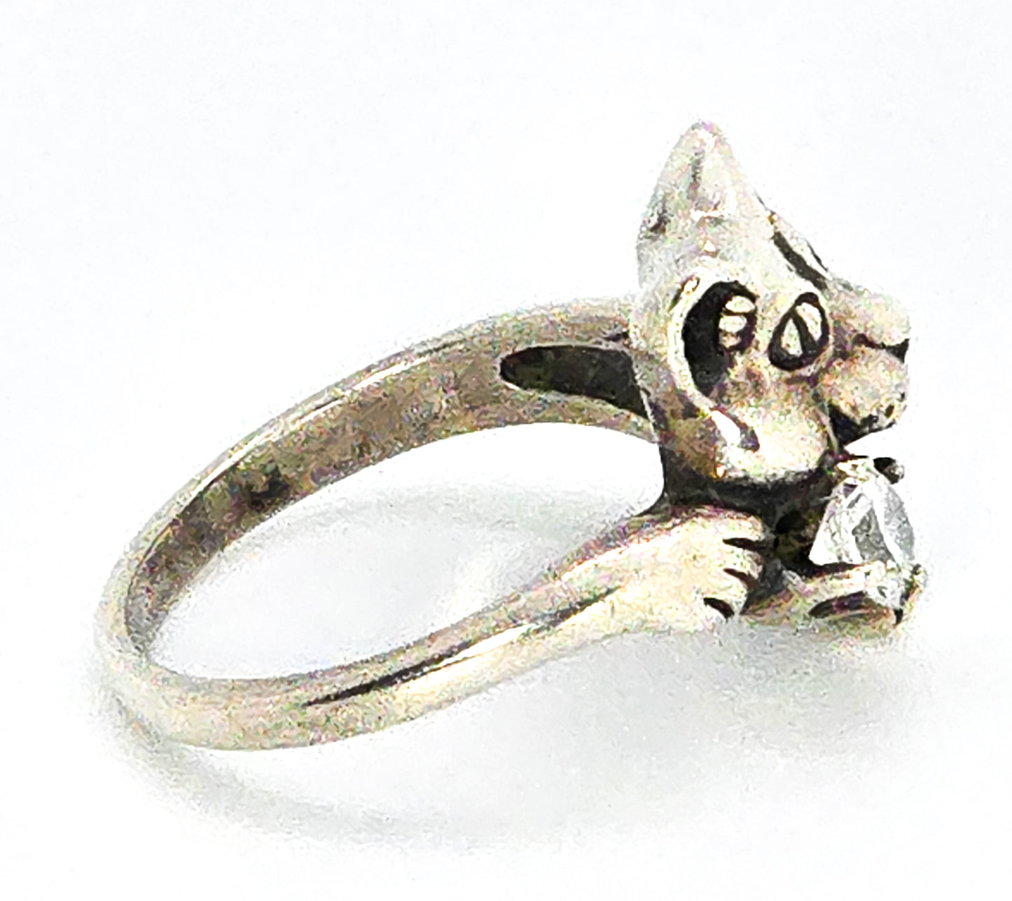 Smiling Cat CZ Cubic Zircon Kabana KBN sterling silver animated vintage ring size 5.5