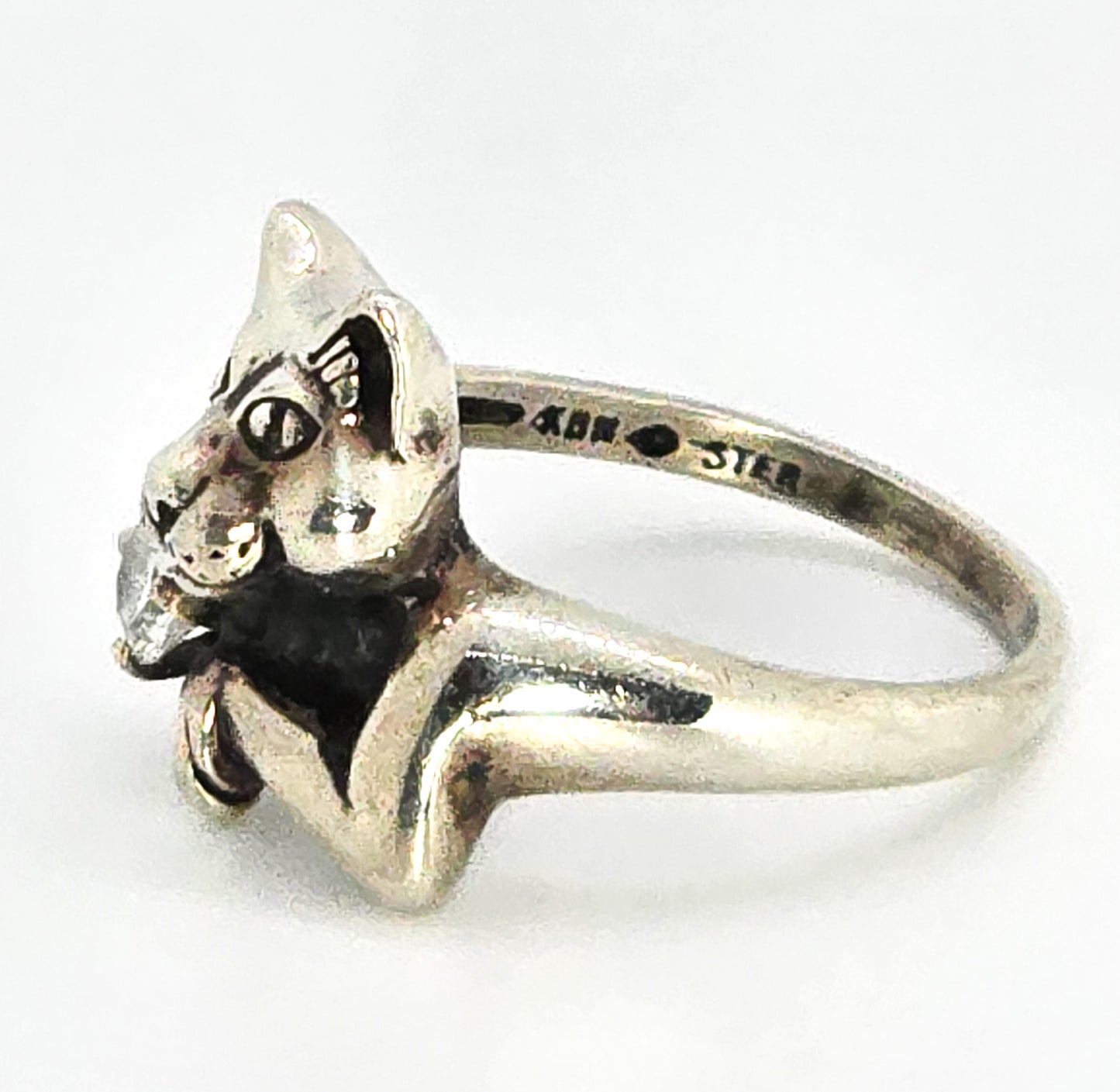 Smiling Cat CZ Cubic Zircon Kabana KBN sterling silver animated vintage ring size 5.5