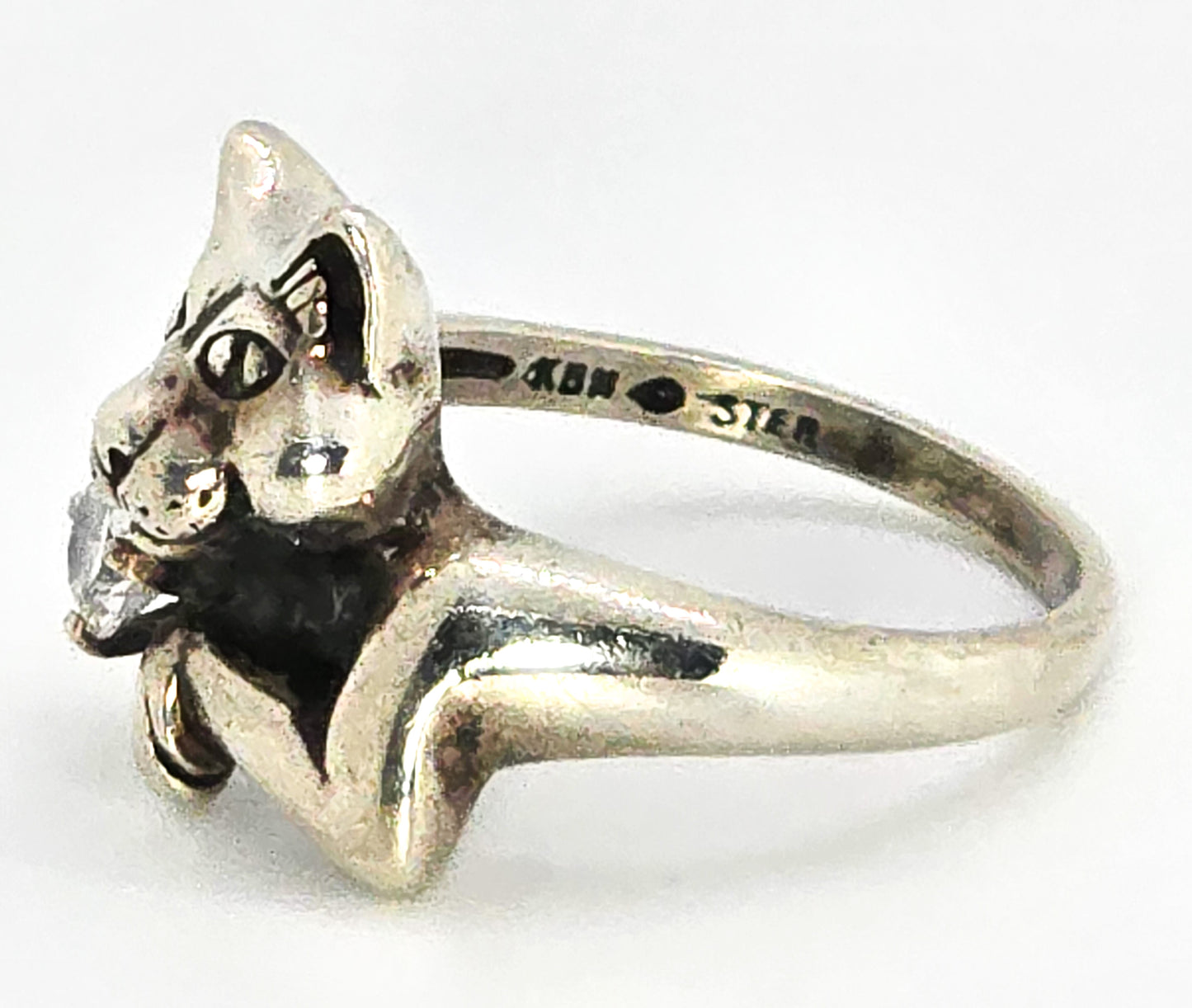 Smiling Cat CZ Cubic Zircon Kabana KBN sterling silver animated vintage ring size 5.5
