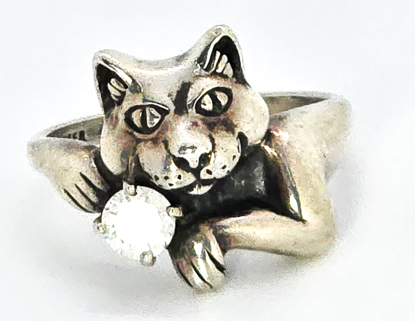 Smiling Cat CZ Cubic Zircon Kabana KBN sterling silver animated vintage ring size 5.5