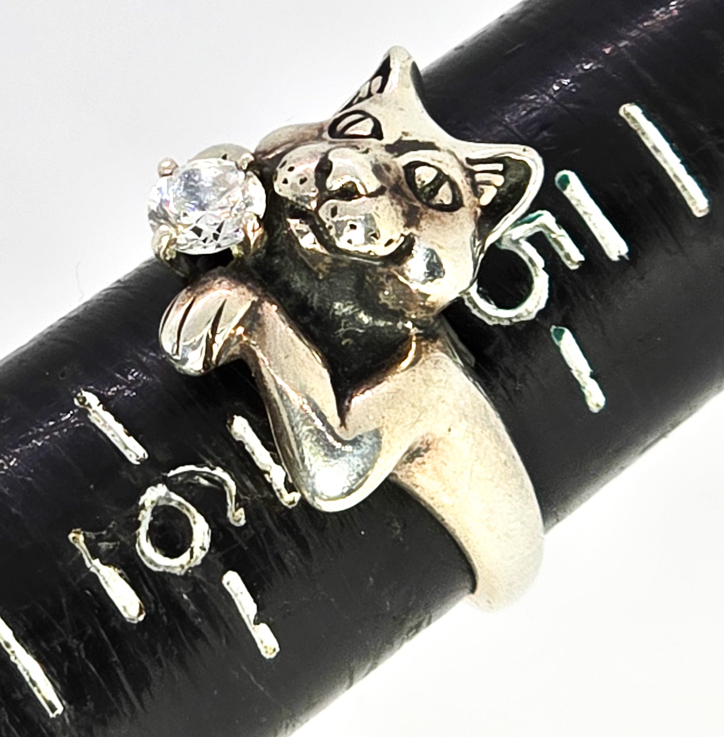 Smiling Cat CZ Cubic Zircon Kabana KBN sterling silver animated vintage ring size 5.5