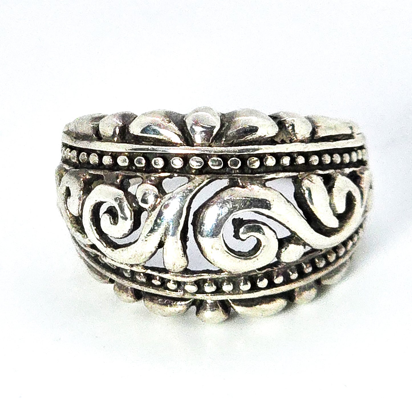 Scroll open work thick domed sterling silver ring band size 7