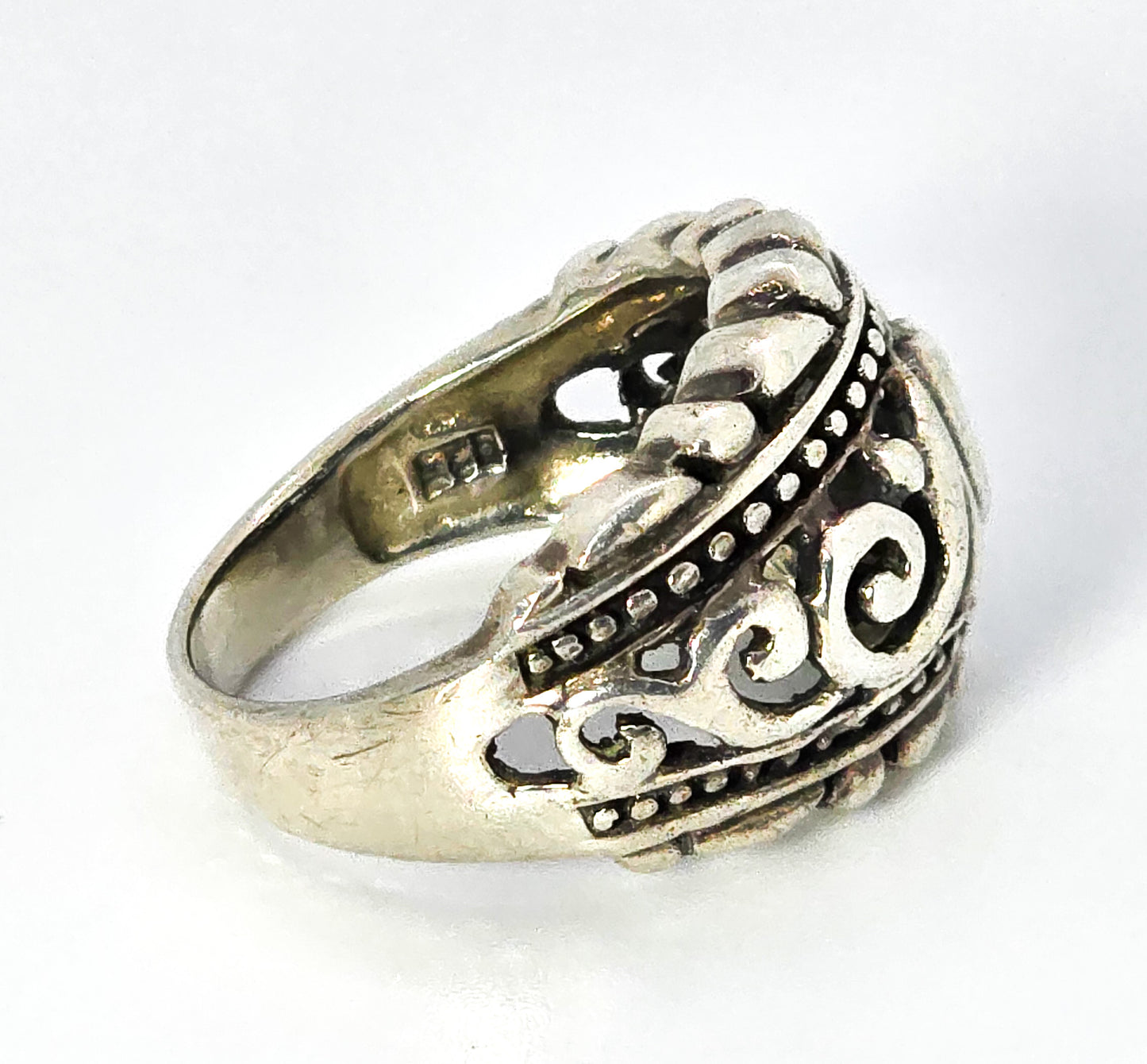 Scroll open work thick domed sterling silver ring band size 7