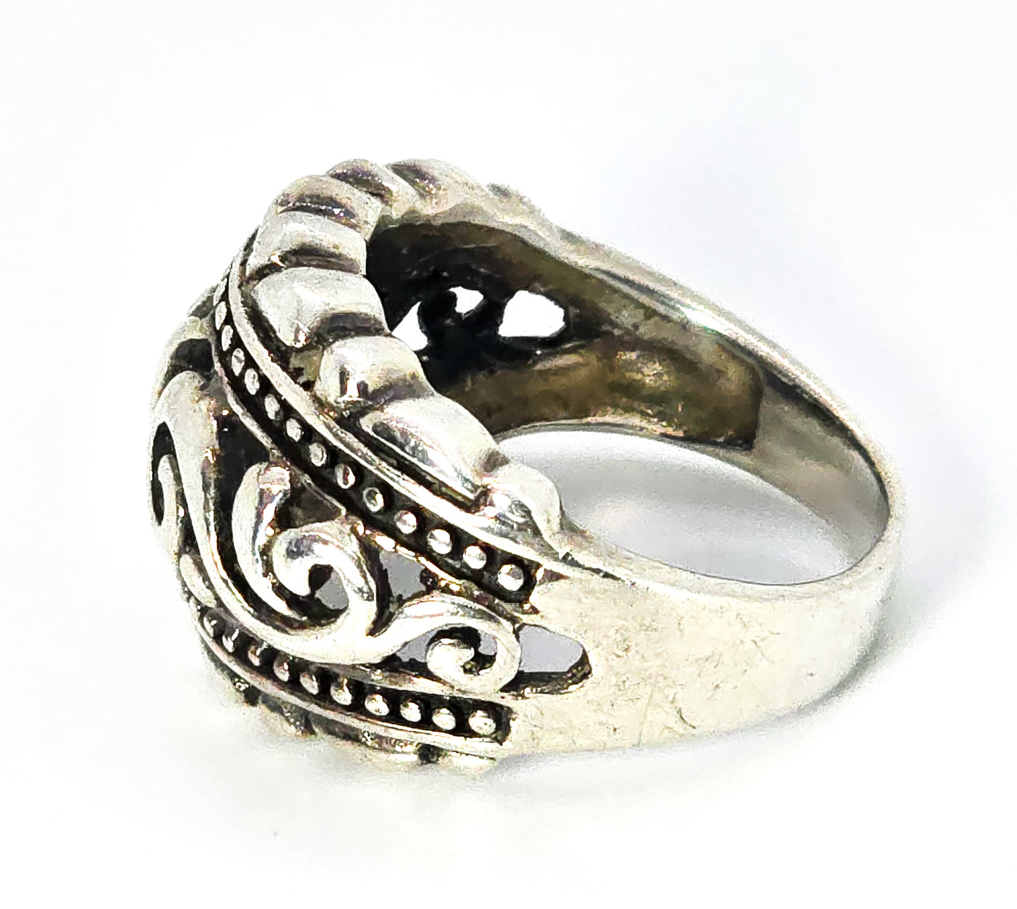 Scroll open work thick domed sterling silver ring band size 7