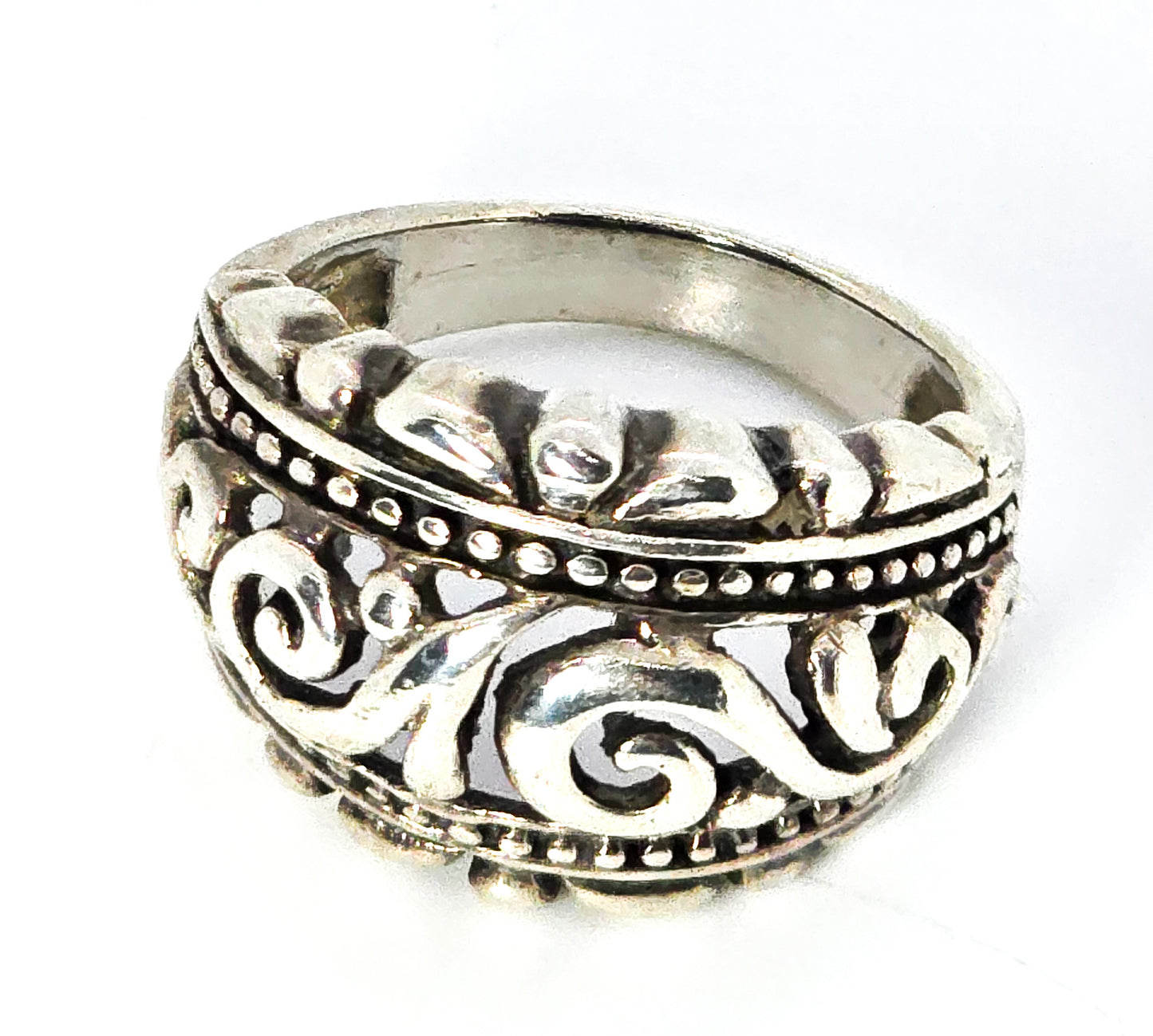 Scroll open work thick domed sterling silver ring band size 7