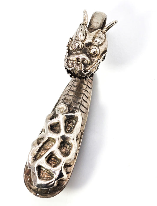 Oriental Dragon sterling silver Belt hook antique lucky fortune Feng Shui Belt clip