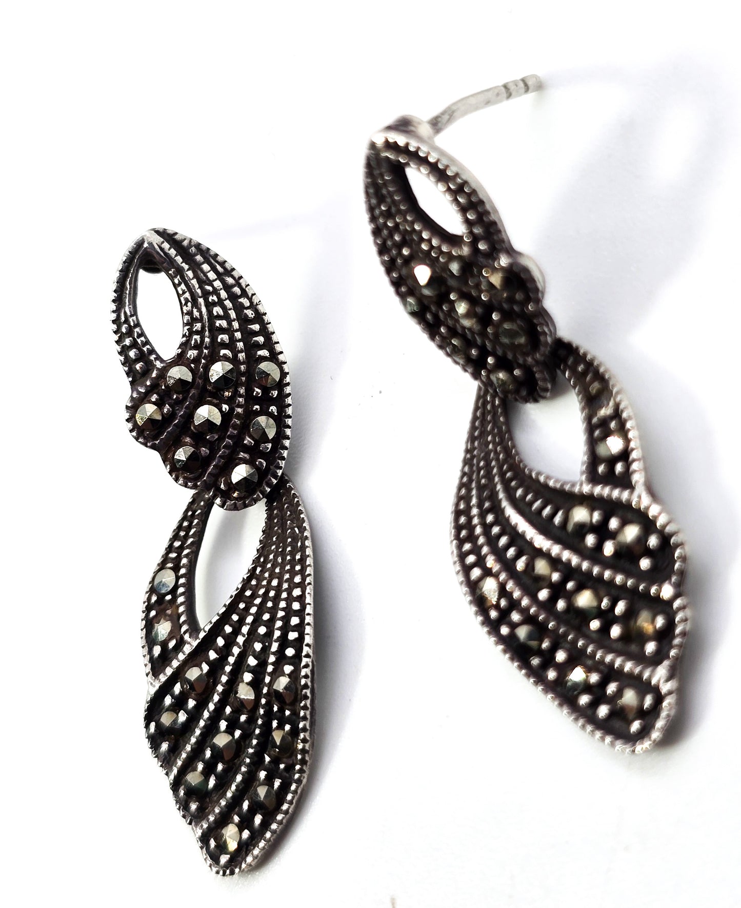 Art Deco geometric marcasite and sterling silver drop post vintage earrings