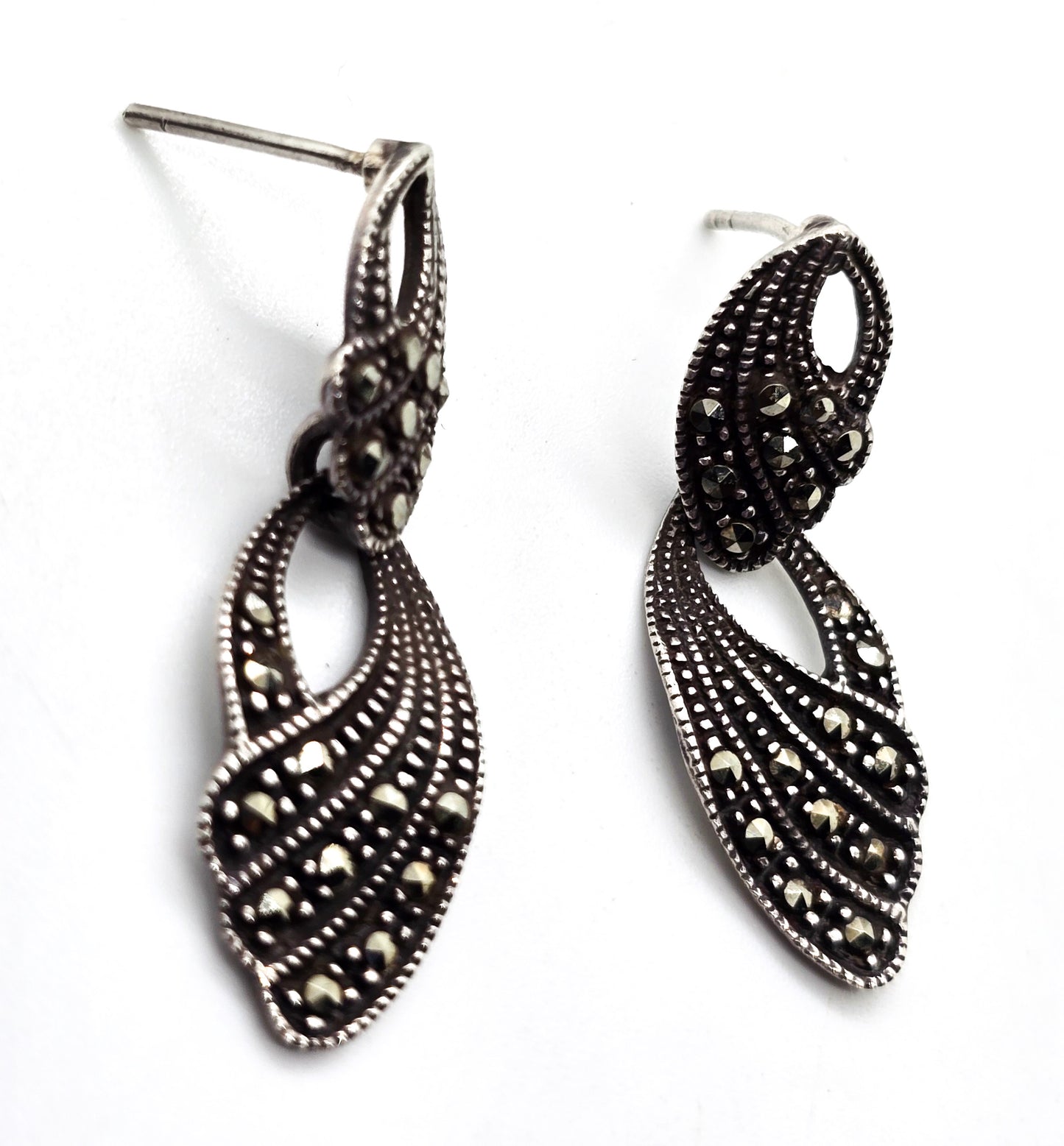 Art Deco geometric marcasite and sterling silver drop post vintage earrings