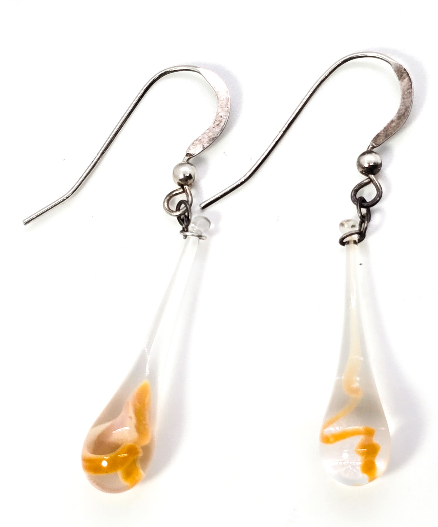 Blown artisan glass orange spiral drop vintage sterling silver earrings