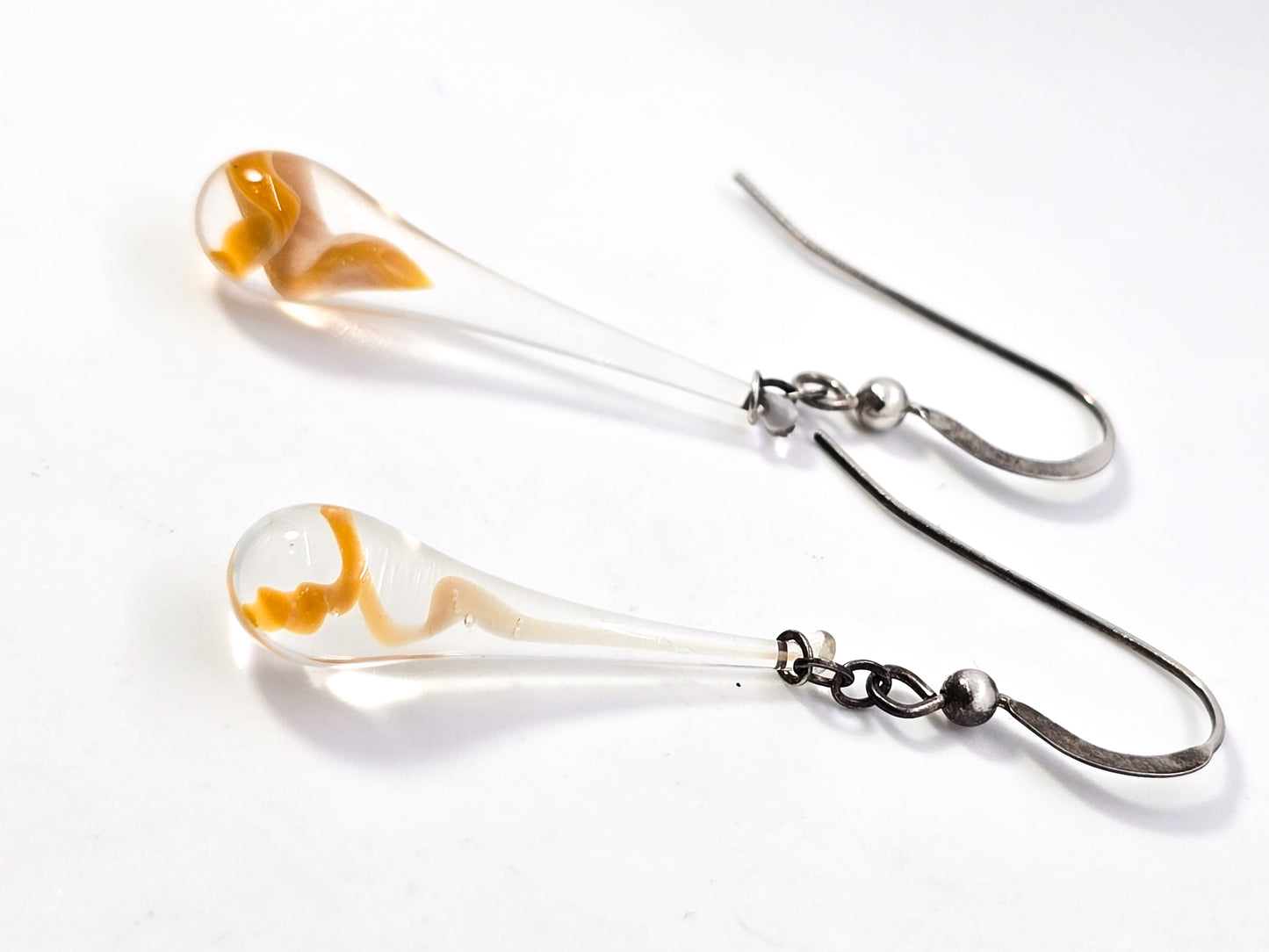 Blown artisan glass orange spiral drop vintage sterling silver earrings