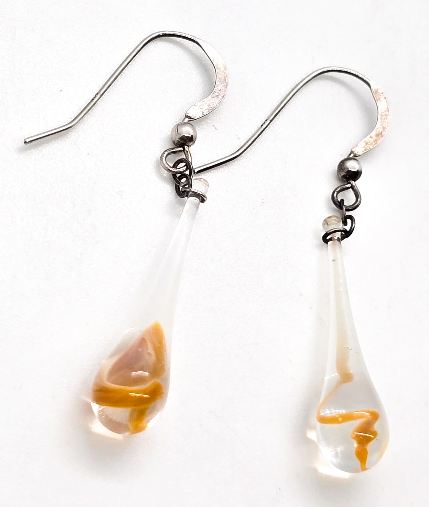 Blown artisan glass orange spiral drop vintage sterling silver earrings