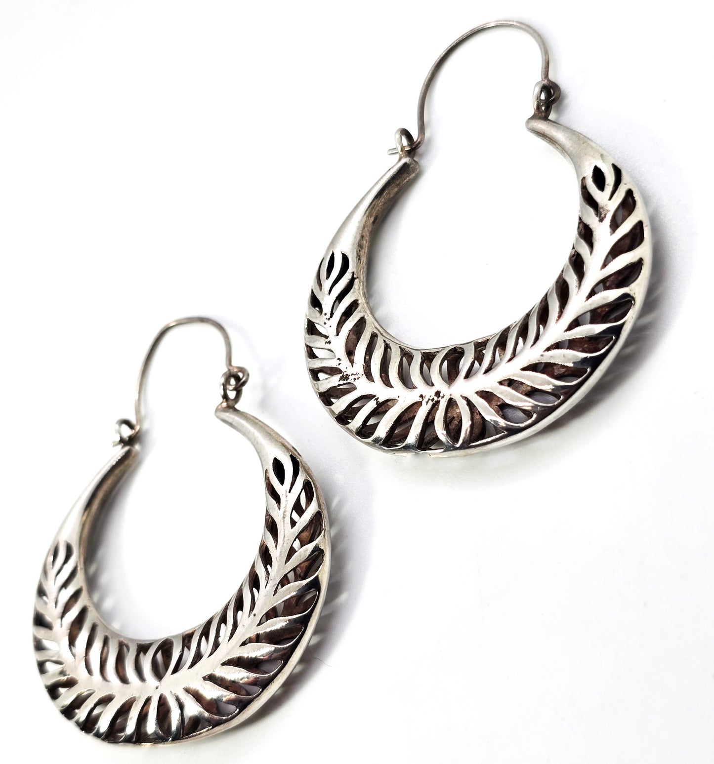 Crescent hoop open work pierced sterling silver large 2 inch holloware earrings TH