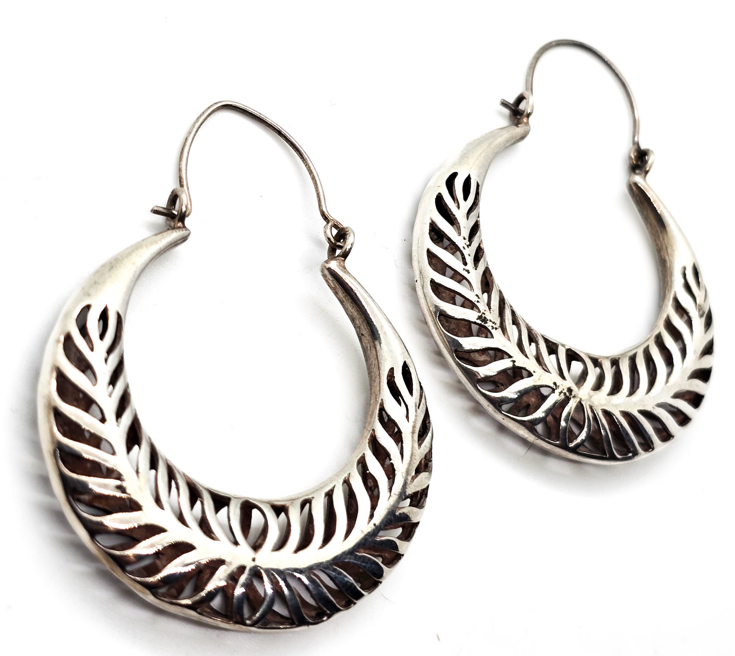 Crescent hoop open work pierced sterling silver large 2 inch holloware earrings TH