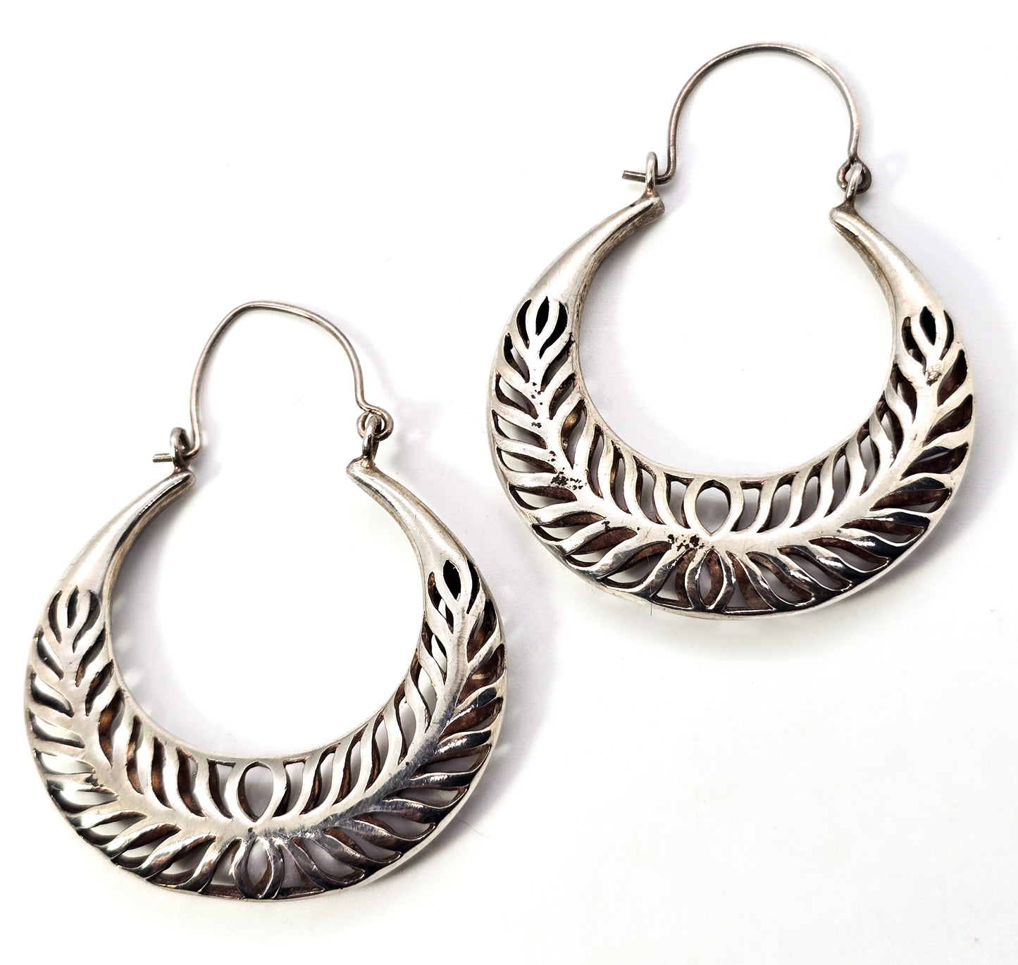 Crescent hoop open work pierced sterling silver large 2 inch holloware earrings TH
