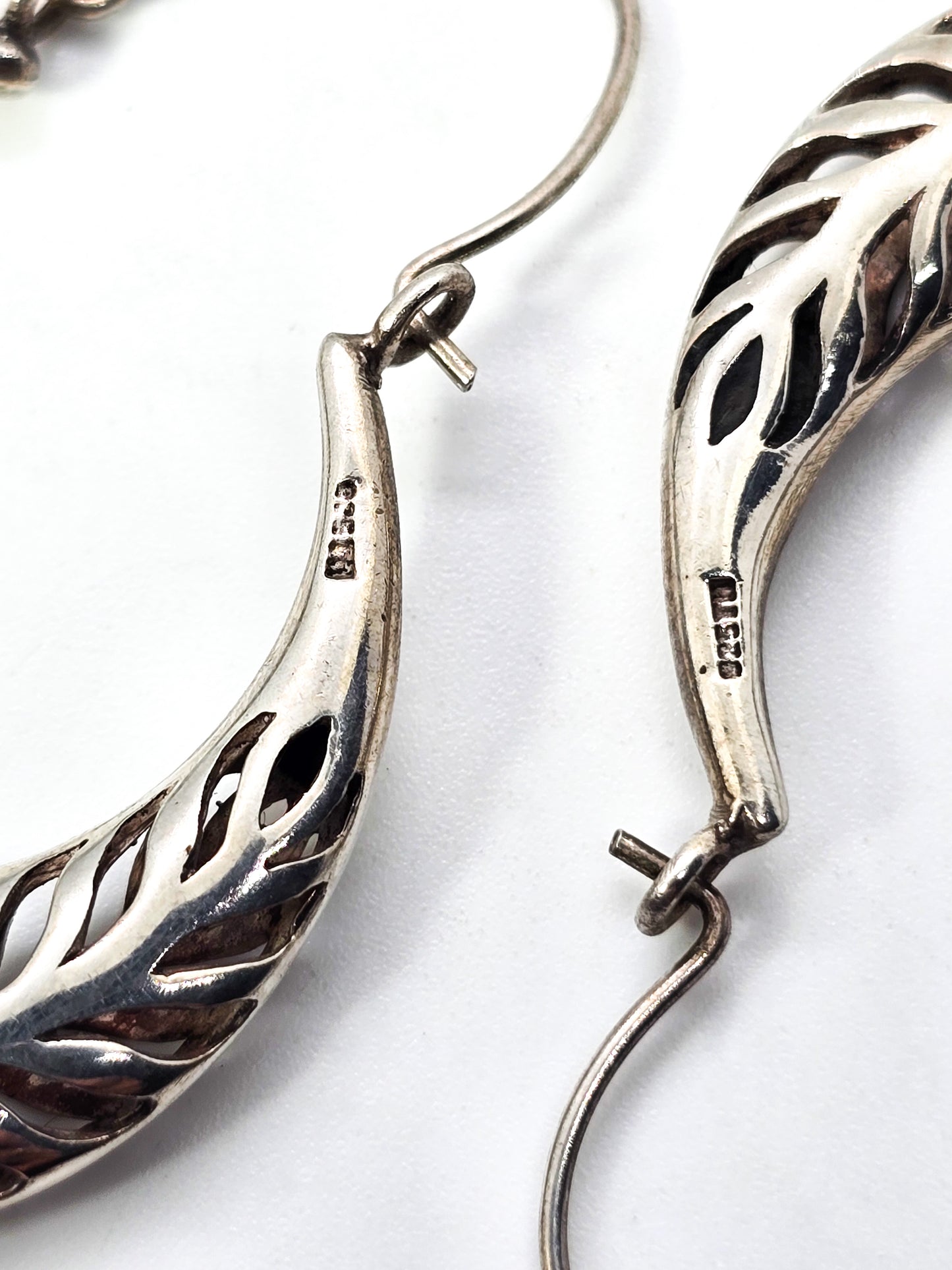Crescent hoop open work pierced sterling silver large 2 inch holloware earrings TH
