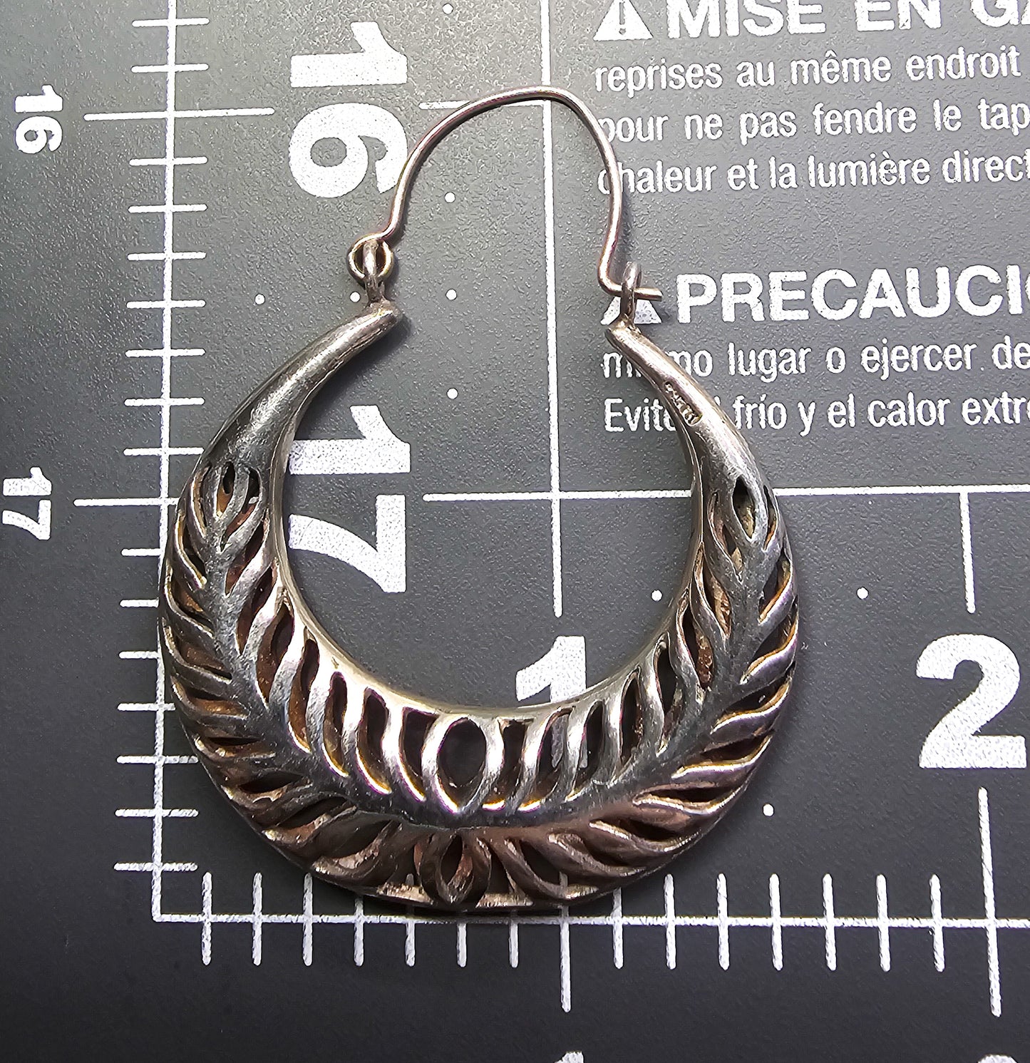 Crescent hoop open work pierced sterling silver large 2 inch holloware earrings TH