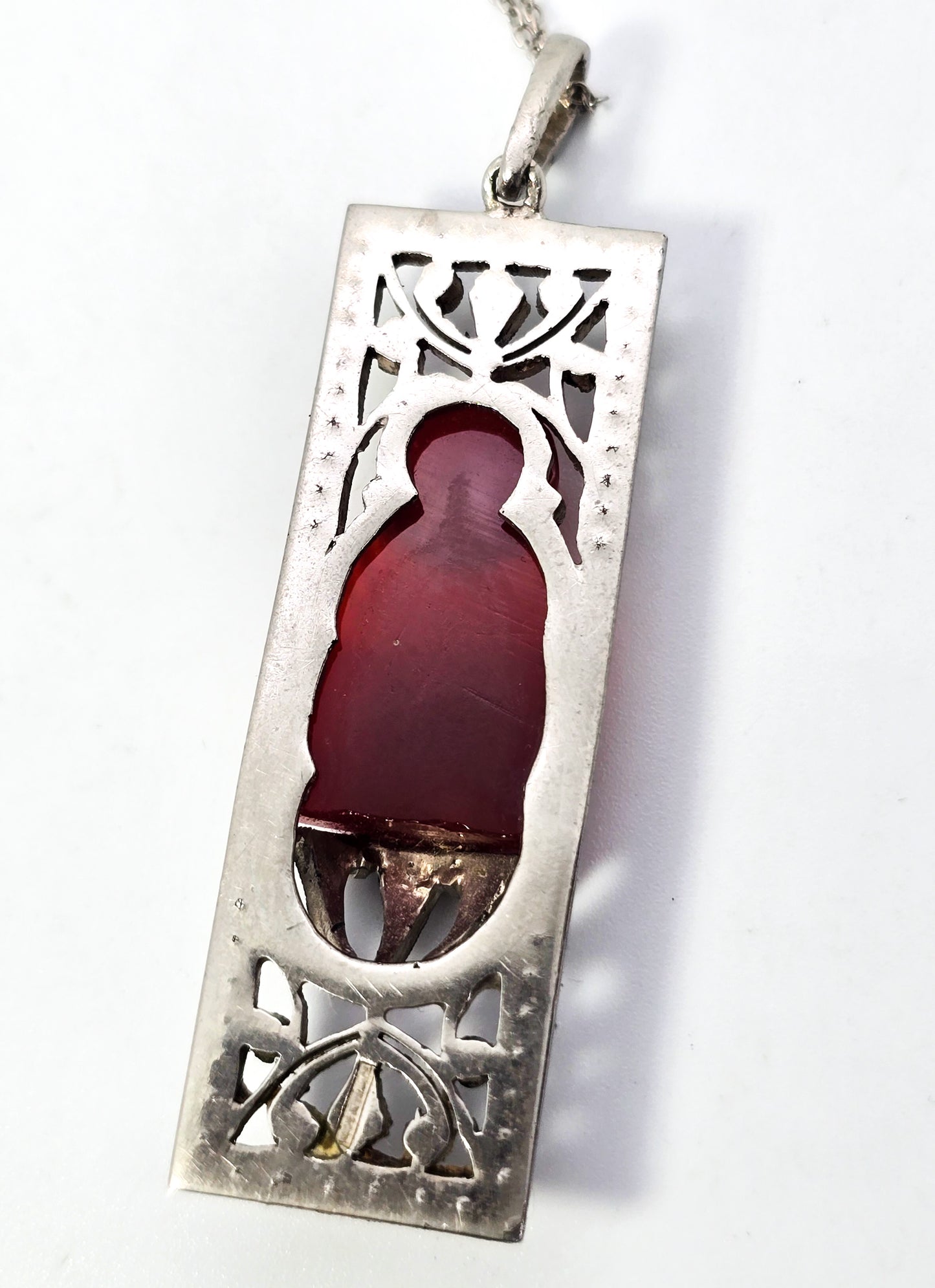 Art Deco Red Coral Buddha marcasite French sterling silver antique pendant necklace