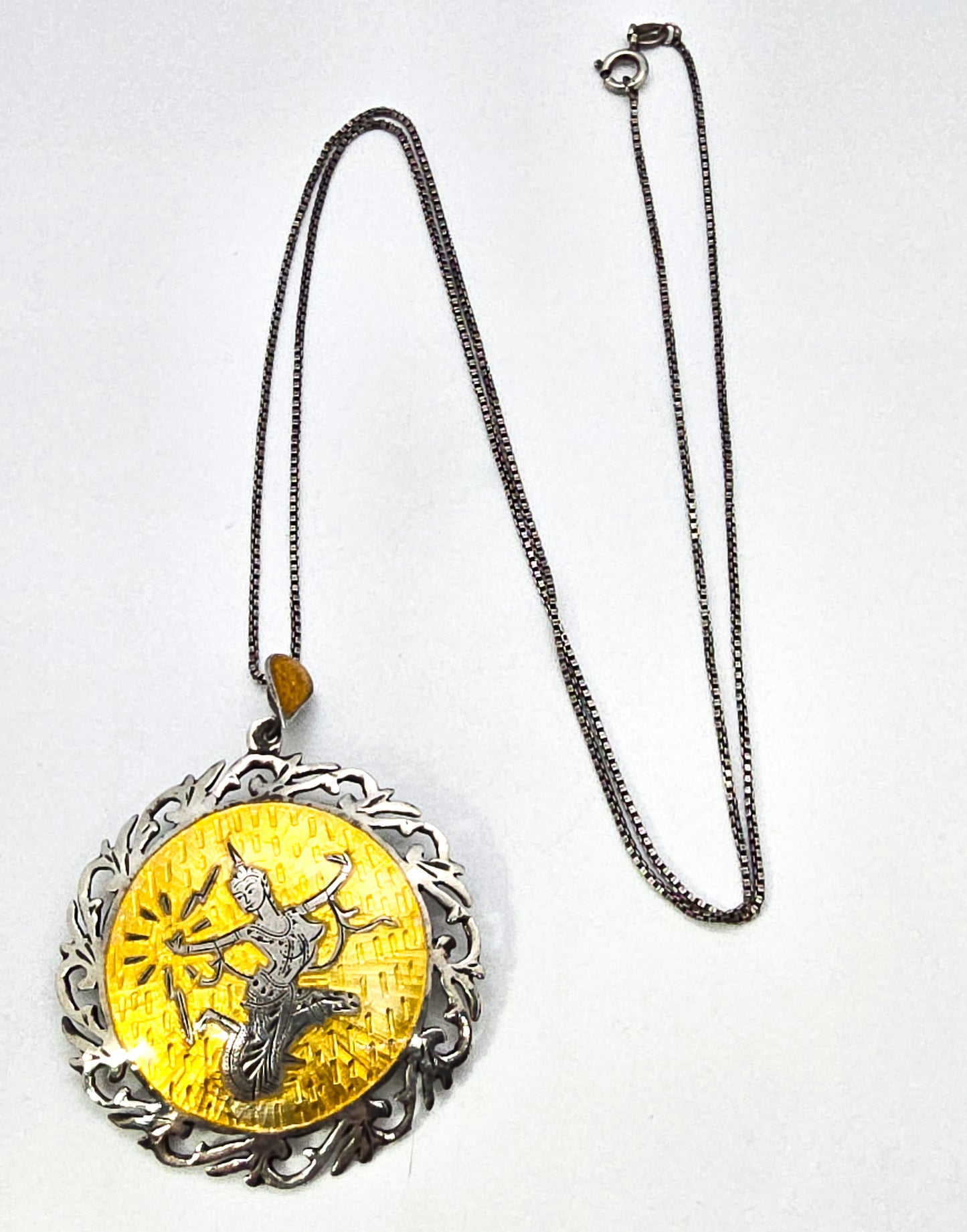 Mekkala goddess of lightening Yellow Nielloware sterling silver vintage pendant necklace