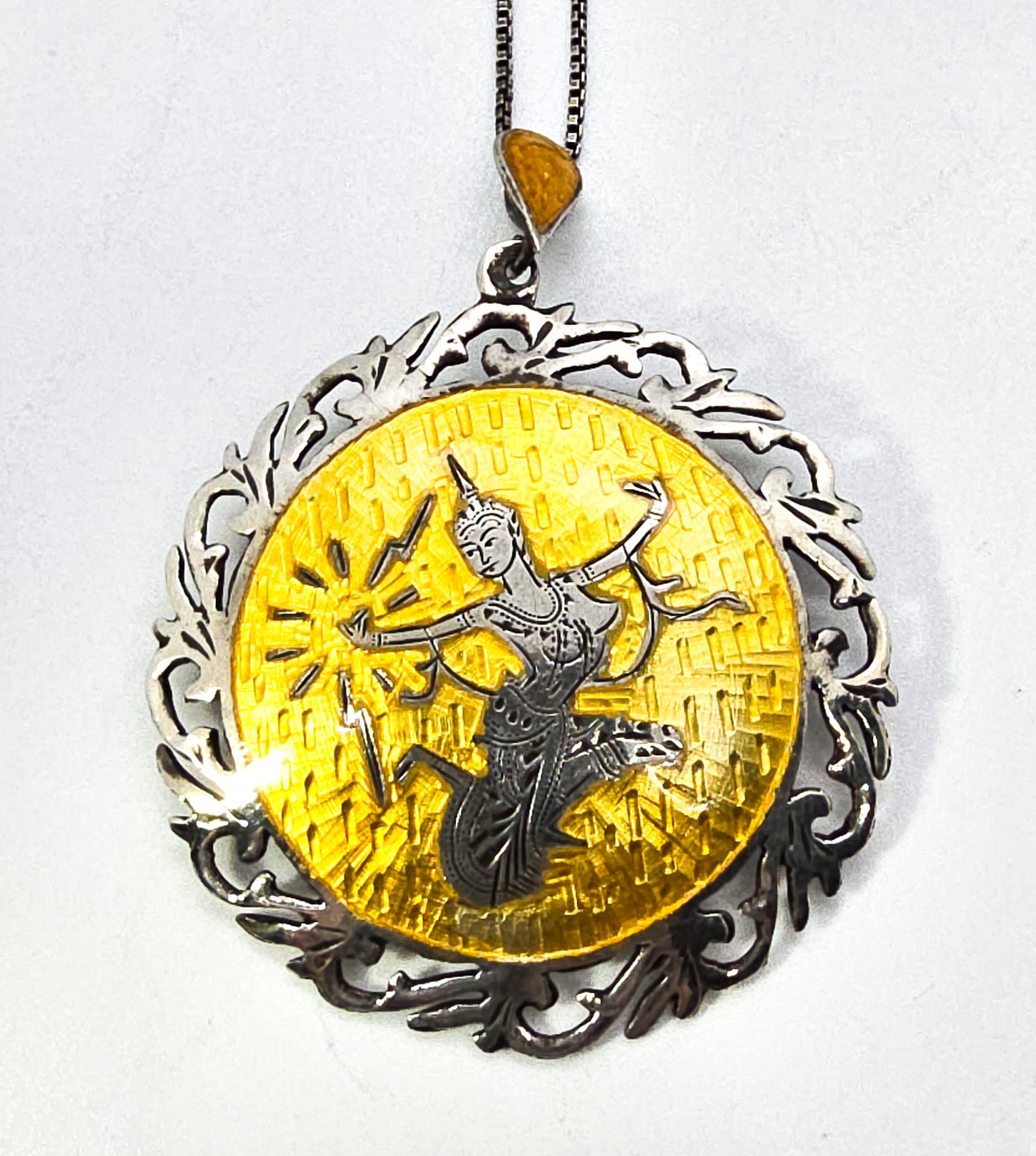 Mekkala goddess of lightening Yellow Nielloware sterling silver vintage pendant necklace