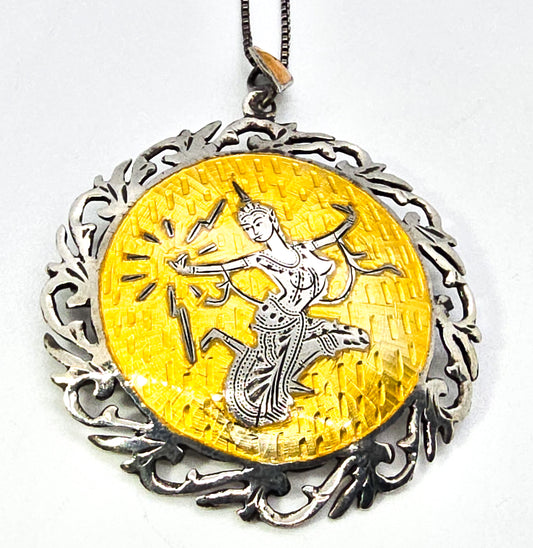 Mekkala goddess of lightening Yellow Nielloware sterling silver vintage pendant necklace