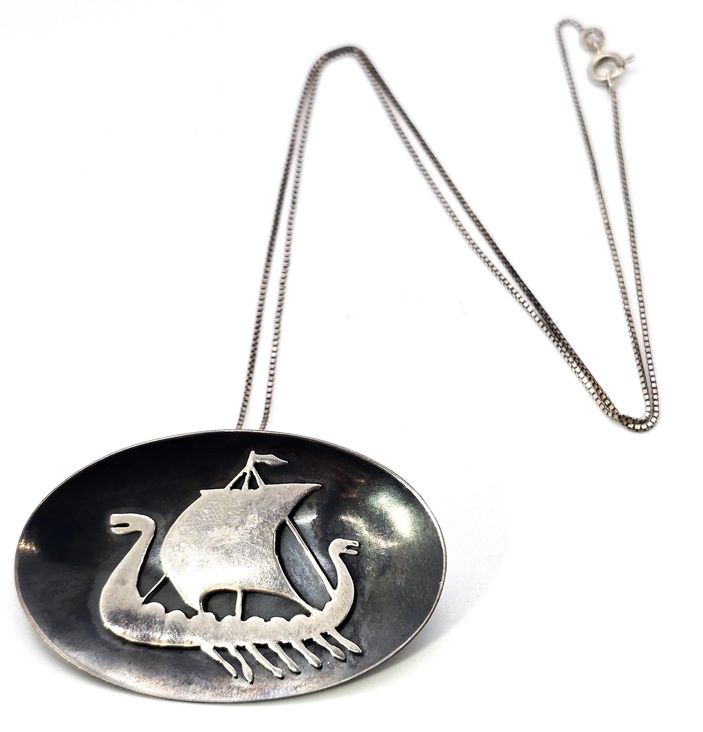 Viking Ship Norwegian antique large sterling silver pendant necklace