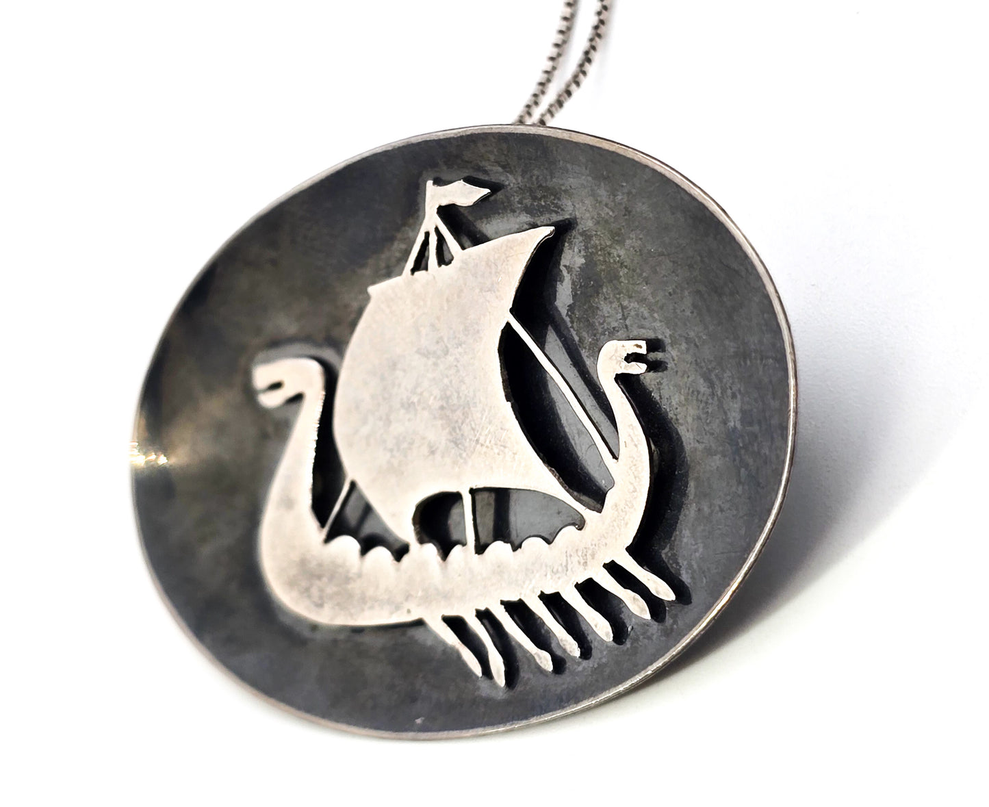 Viking Ship Norwegian antique large sterling silver pendant necklace