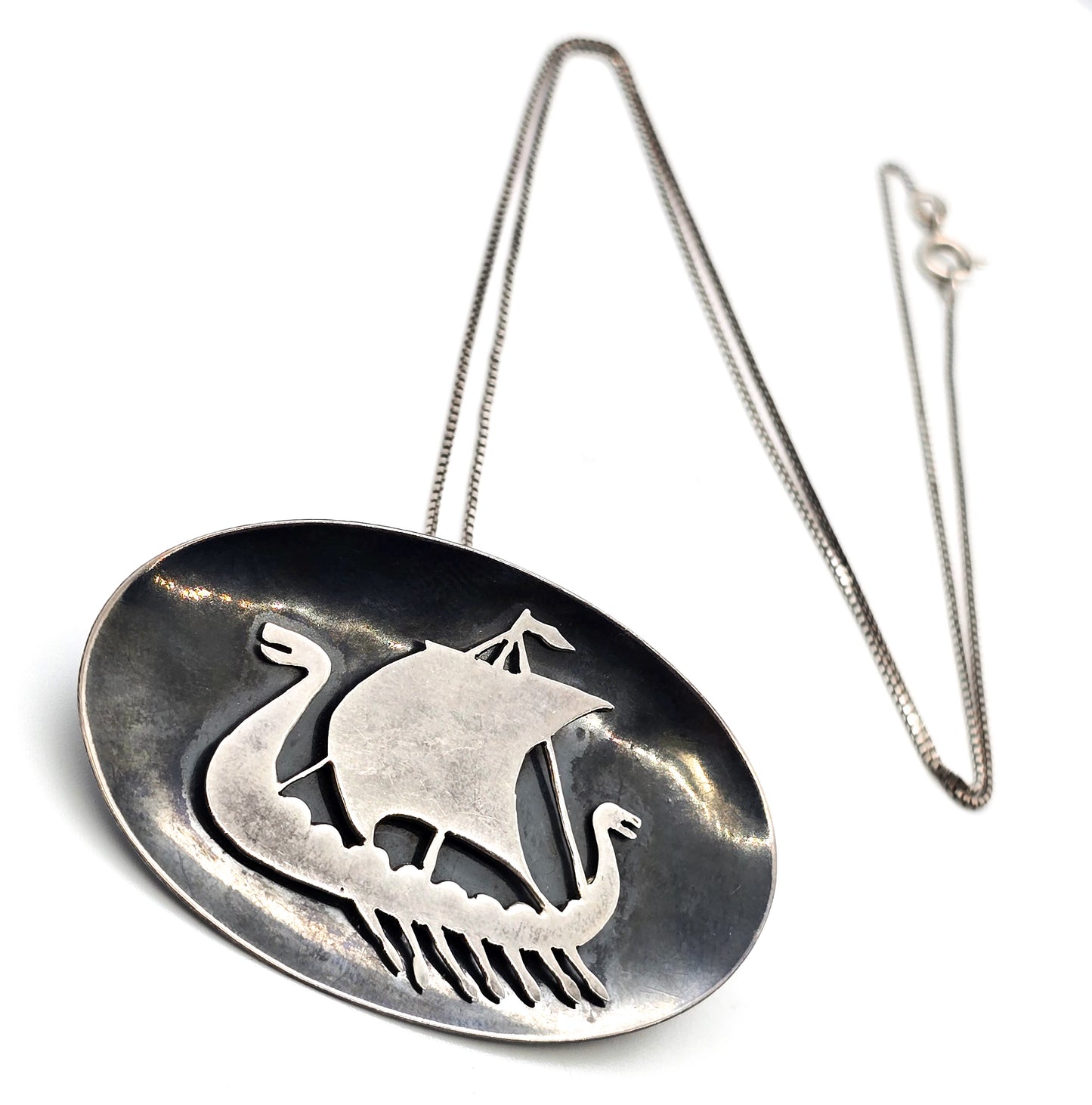 Viking Ship Norwegian antique large sterling silver pendant necklace