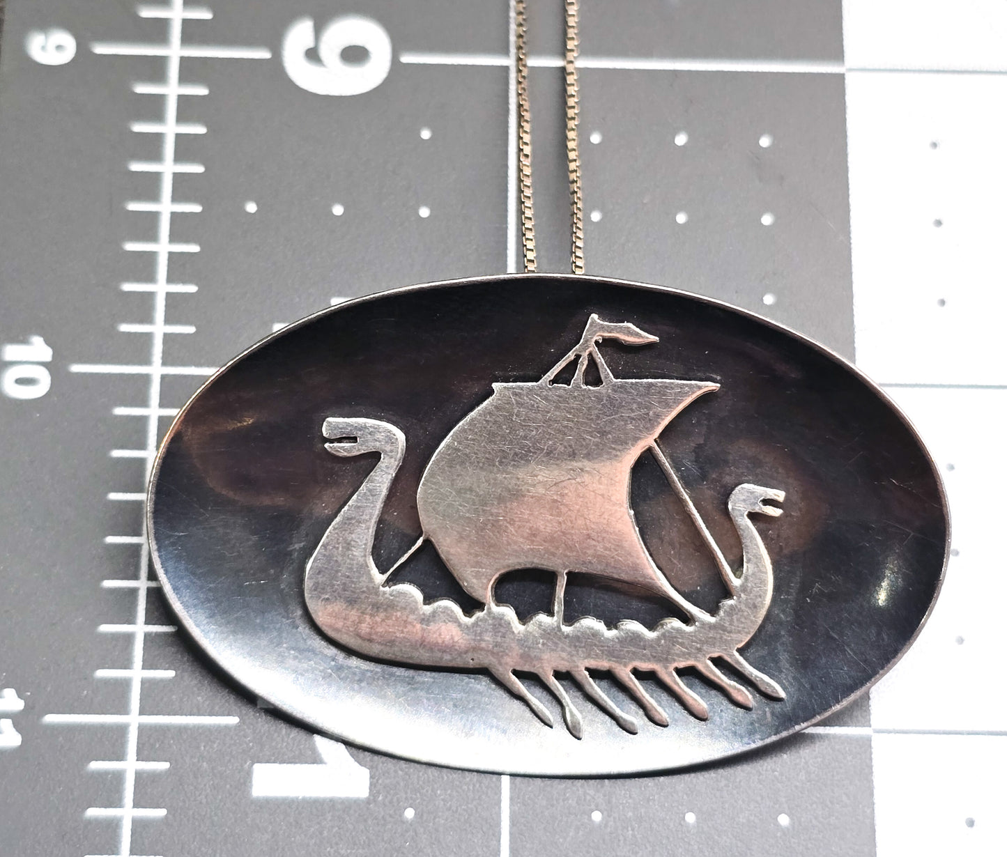 Viking Ship Norwegian antique large sterling silver pendant necklace