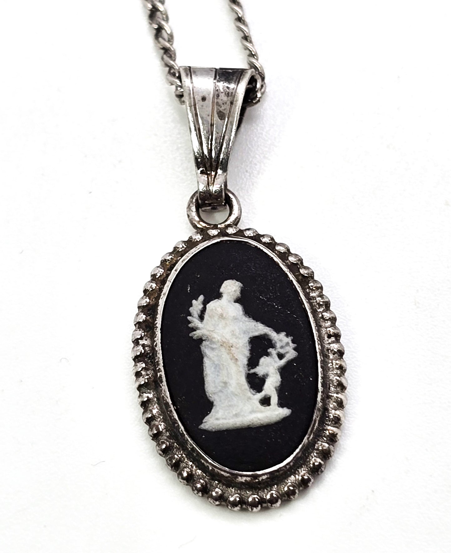 Venus and Cupid Wedgewood black Jasperware vintage sterling silver pendant necklace