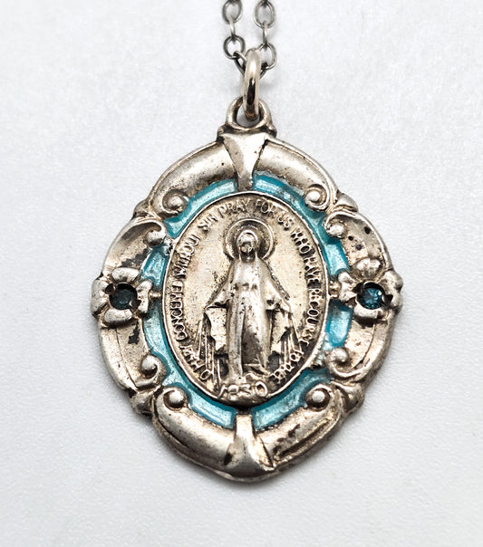 Miraculous Medal Mary blue enamel guilloche vintage sterling silver Catholic necklace