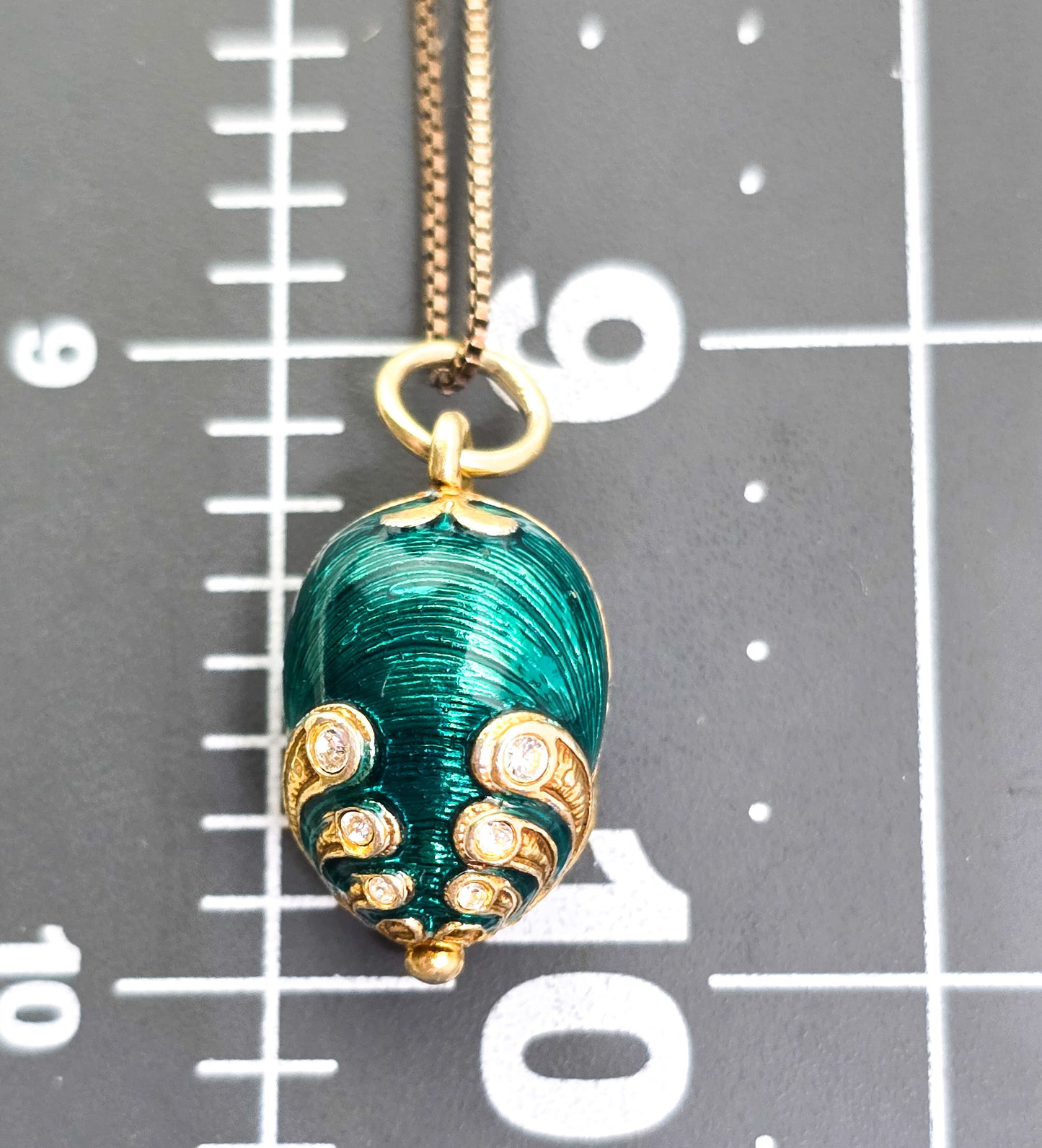 Green Guilloche Fabergé egg rhinestone vermeil sterling silver pendant necklace
