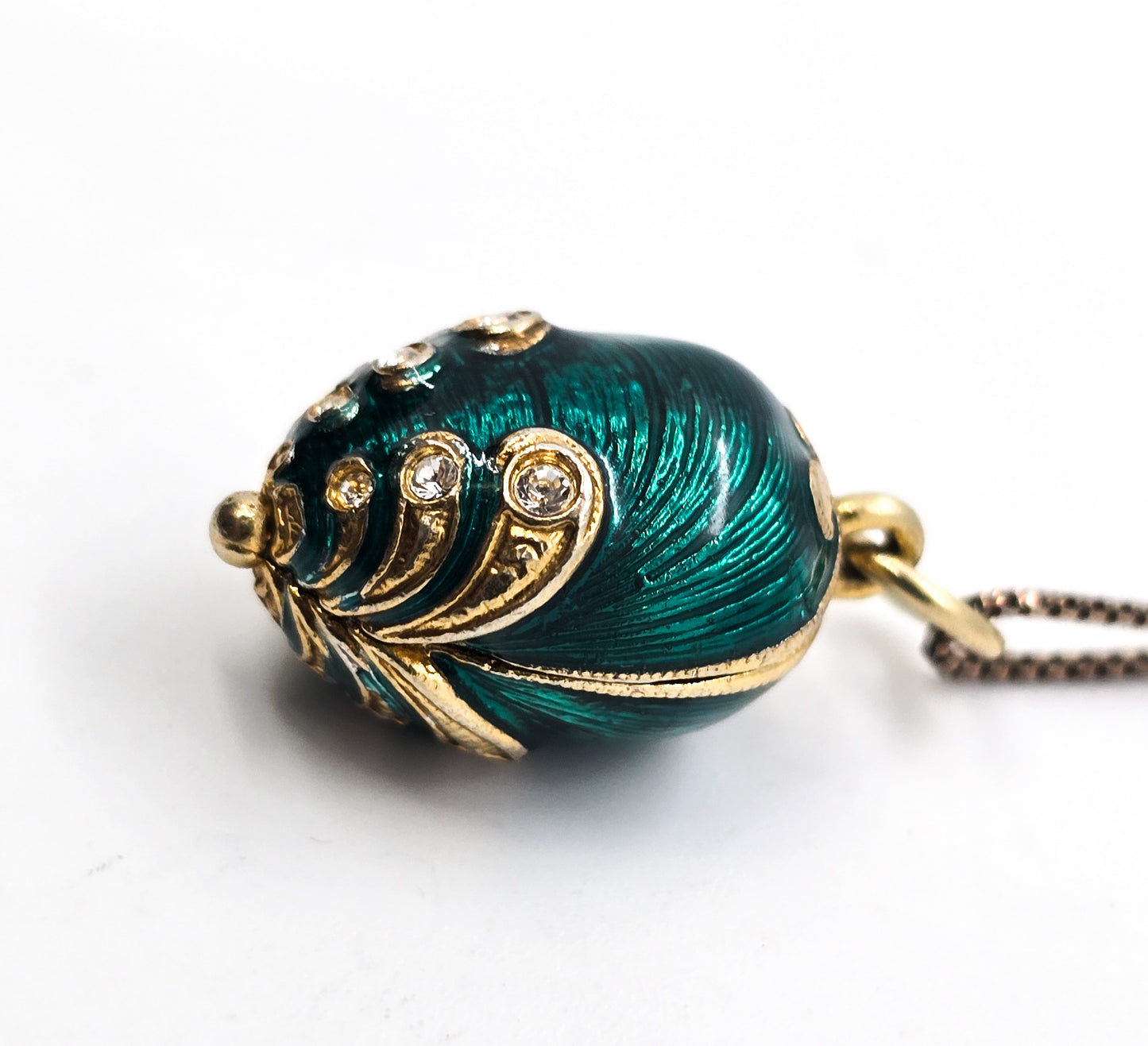 Green Guilloche Fabergé egg rhinestone vermeil sterling silver pendant necklace
