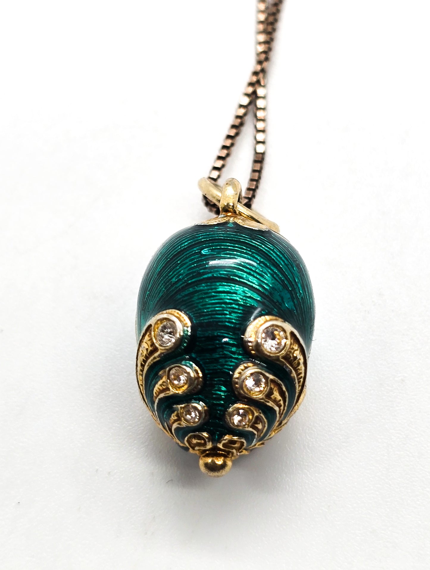 Green Guilloche Fabergé egg rhinestone vermeil sterling silver pendant necklace