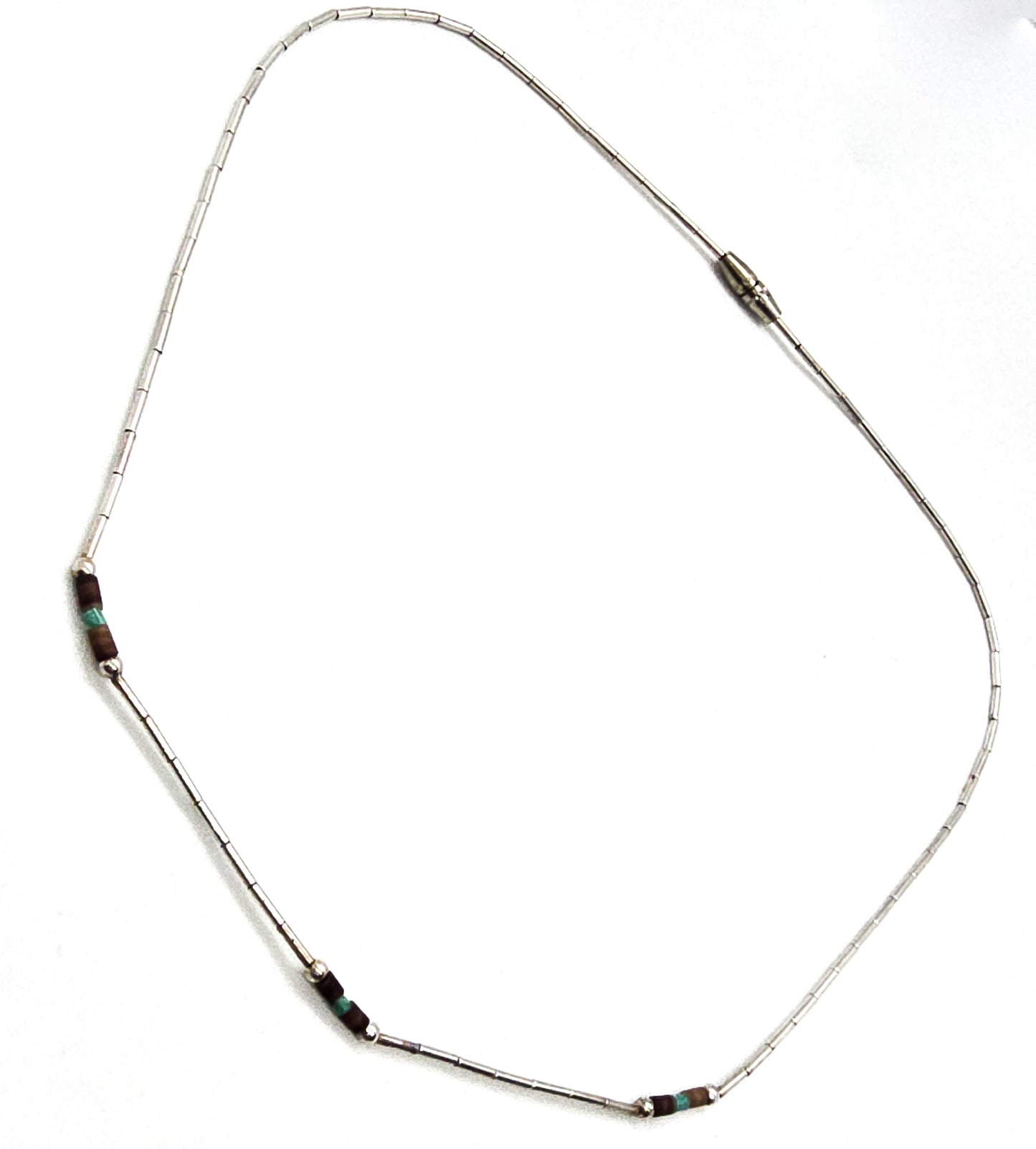 Liquid silver plated heishi beaded vintage block turquoise and shell Native retro necklace