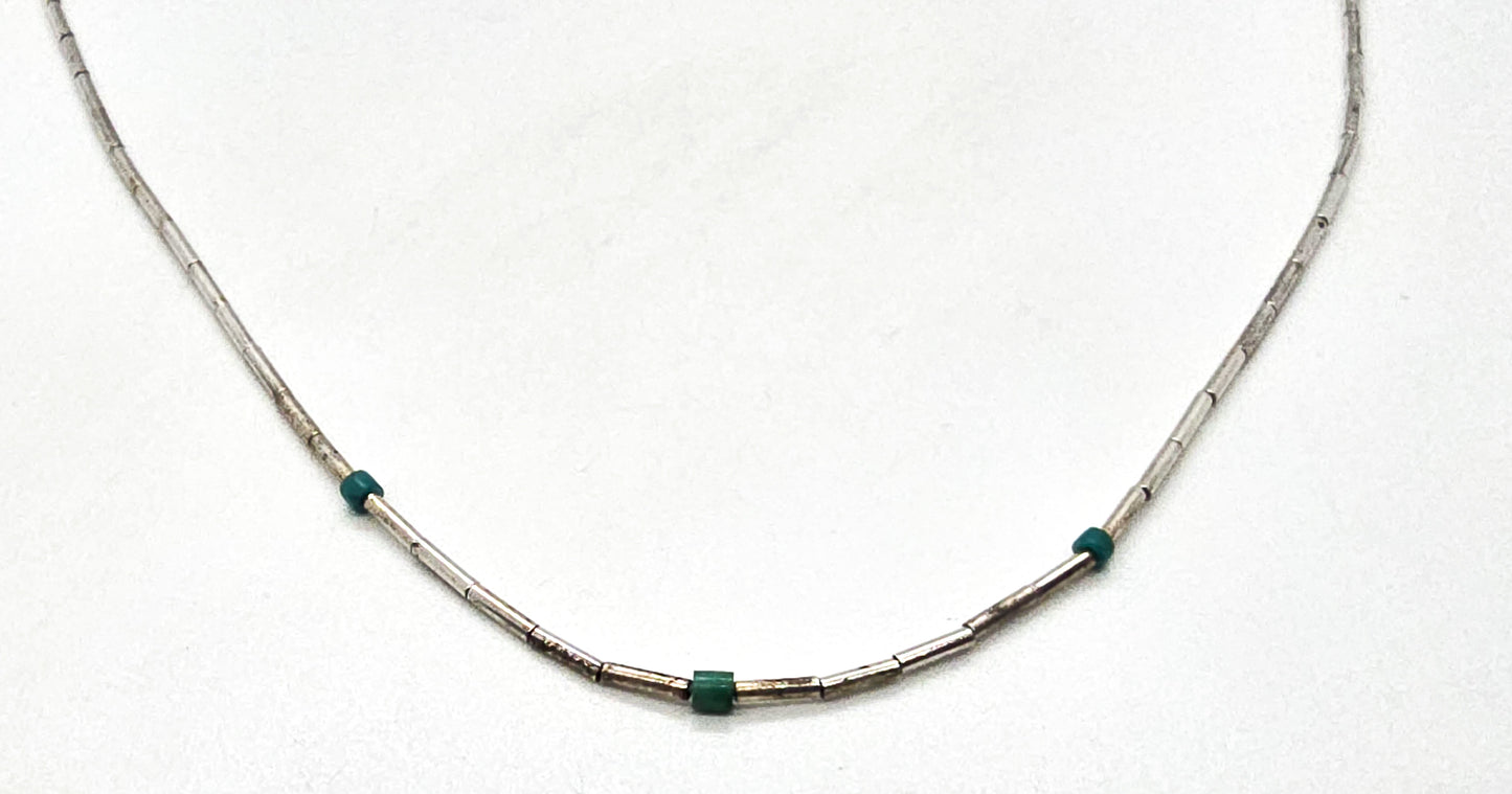 Liquid silver Southwestern block turquoise beaded heishi silver plated vintage necklace