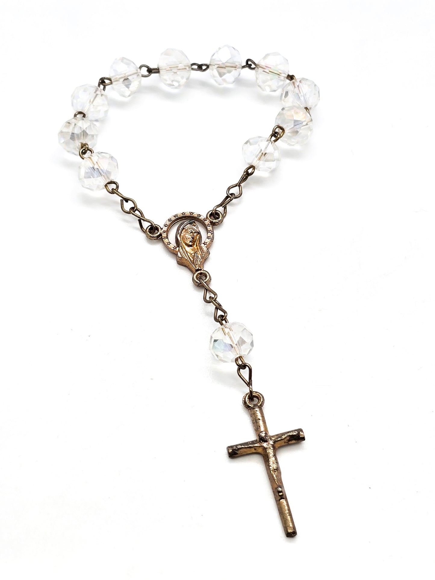 Clear rondel crystal aurora borealis rainbow beaded Mary Catholic crucifix prayer beads