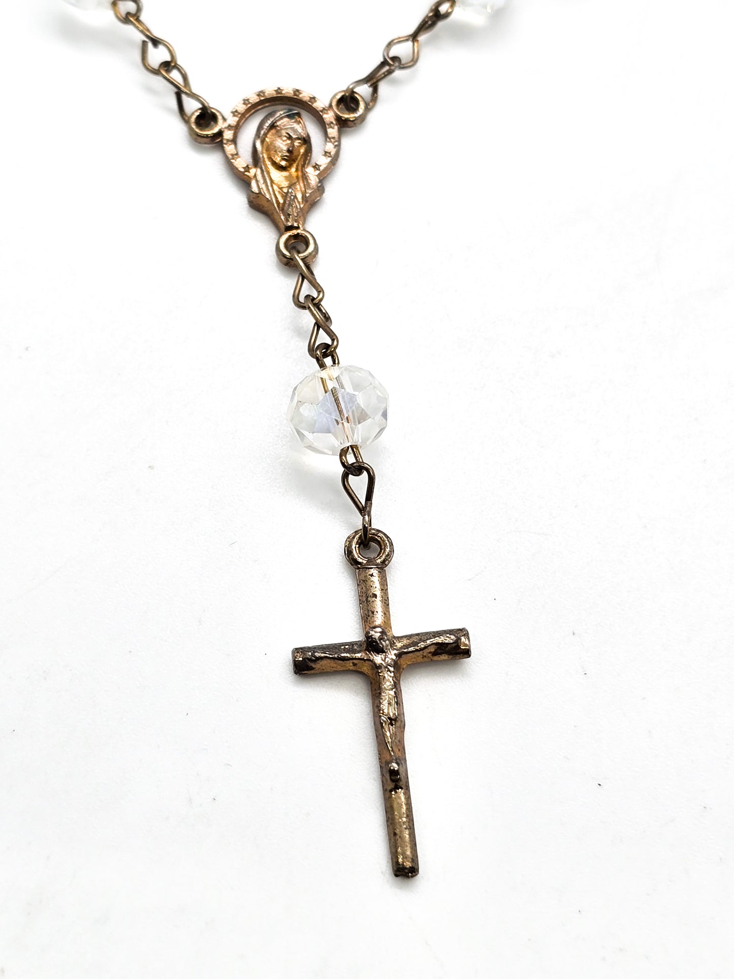 Clear rondel crystal aurora borealis rainbow beaded Mary Catholic crucifix prayer beads