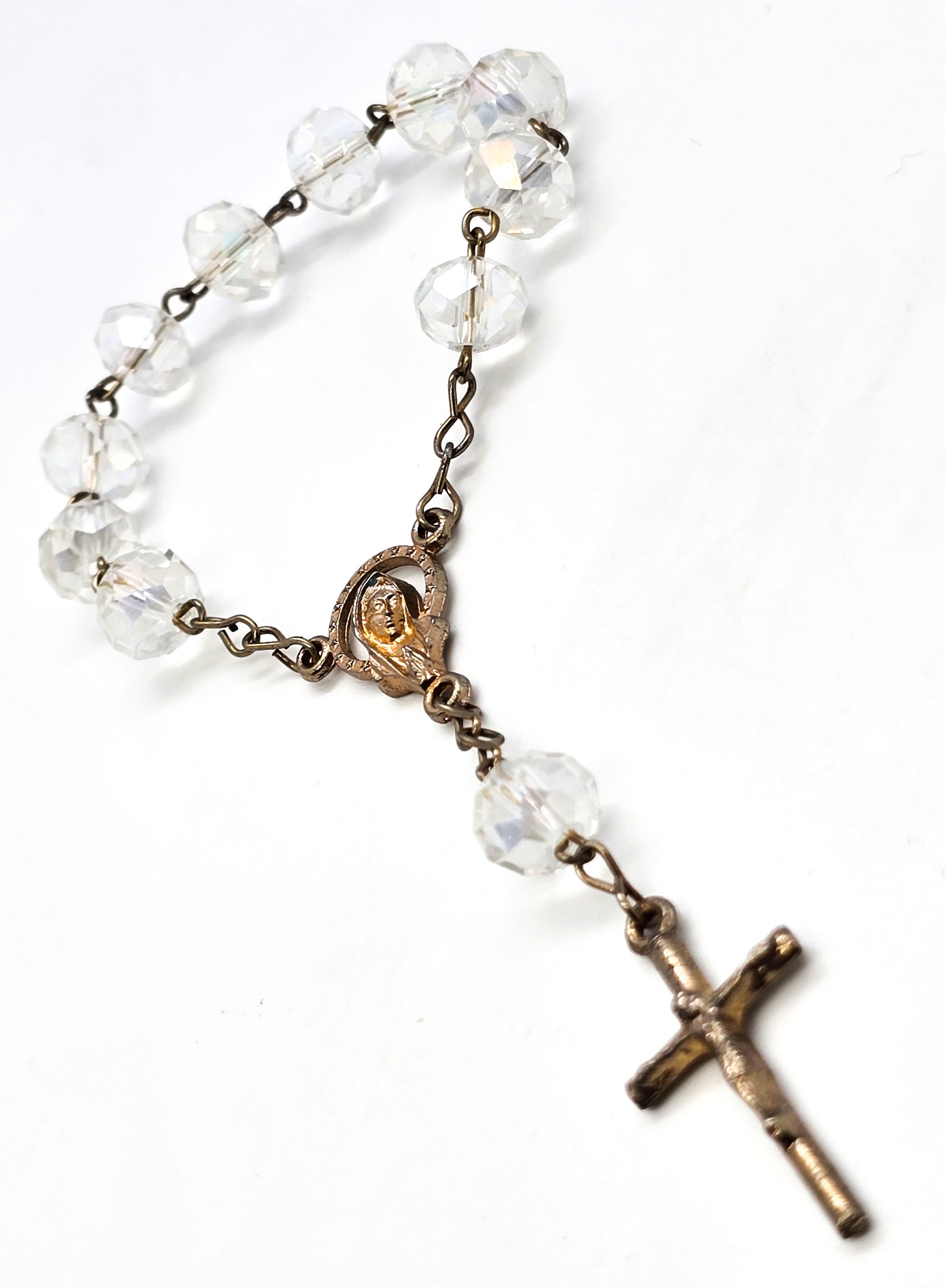 Clear rondel crystal aurora borealis rainbow beaded Mary Catholic crucifix prayer beads