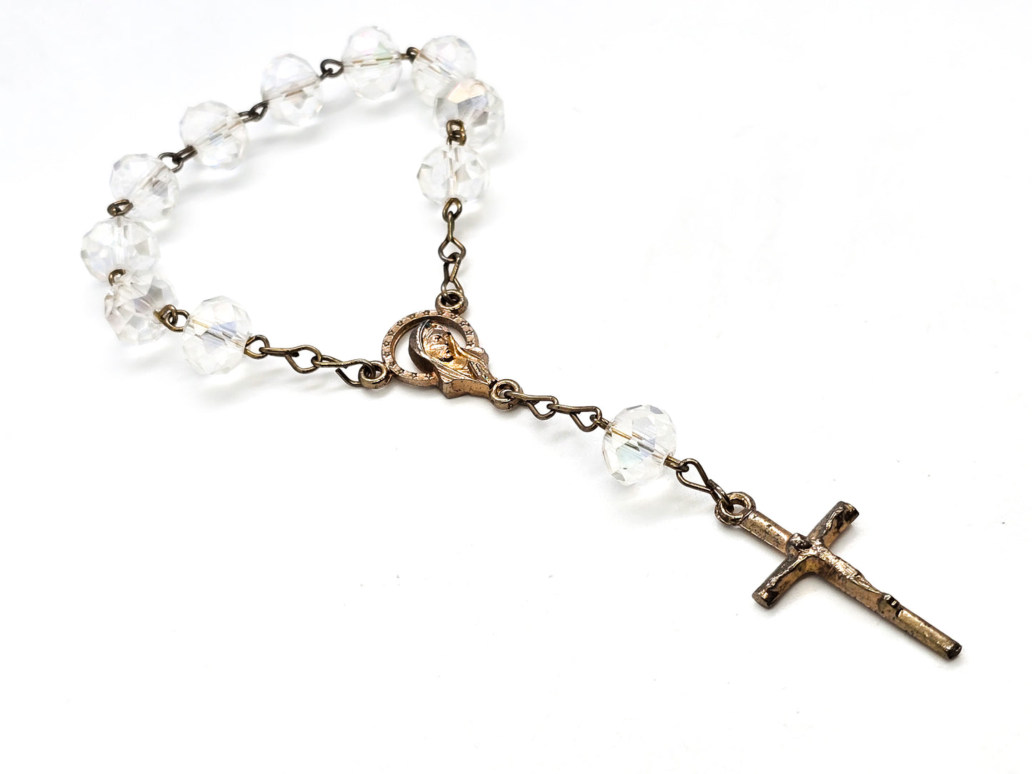 Clear rondel crystal aurora borealis rainbow beaded Mary Catholic crucifix prayer beads