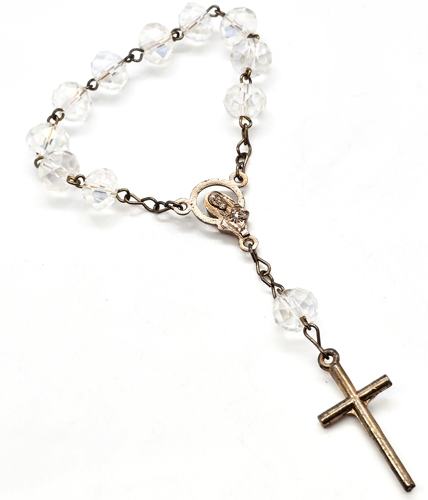 Clear rondel crystal aurora borealis rainbow beaded Mary Catholic crucifix prayer beads
