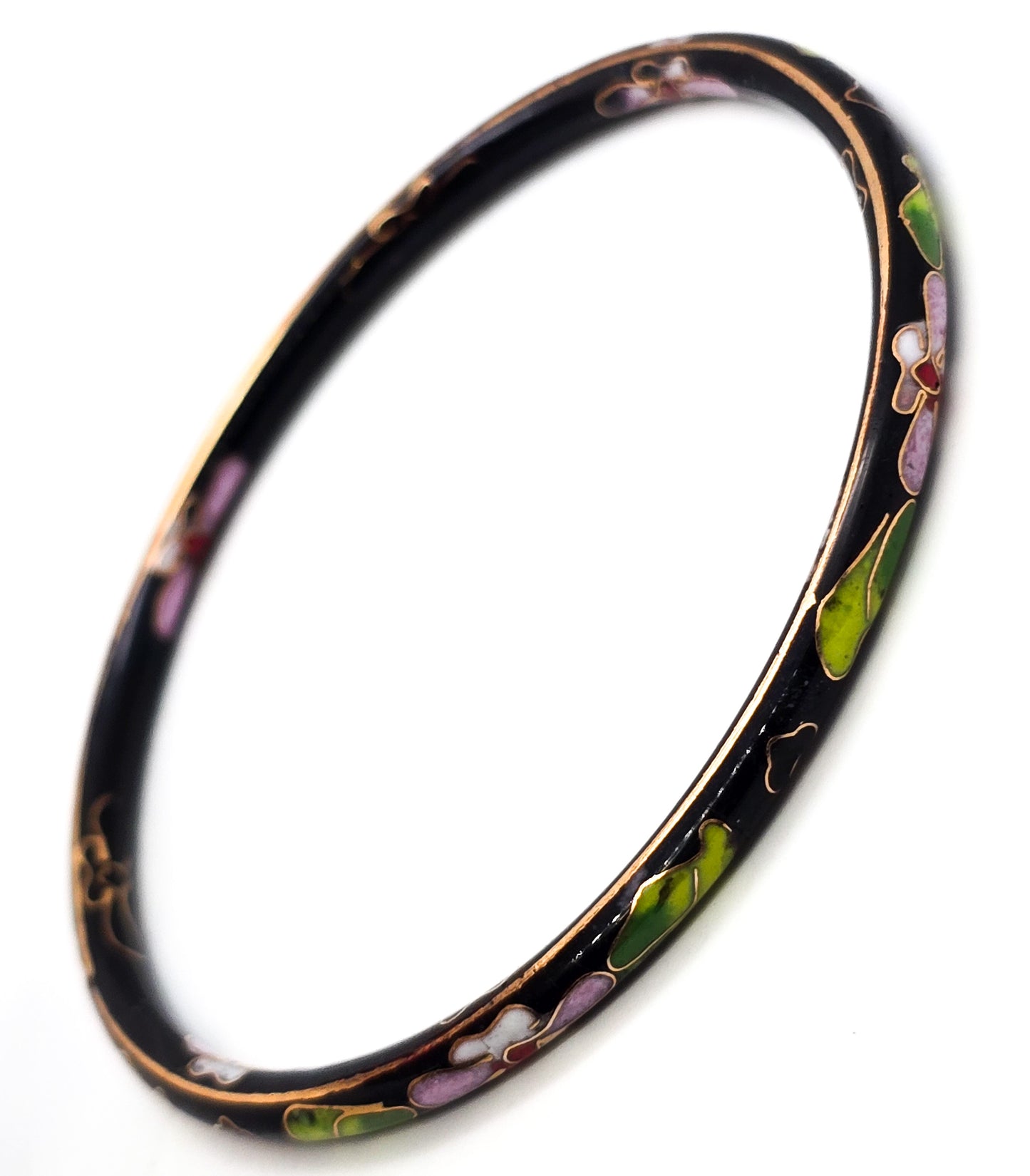 Black Cloisonne enamel pink and green flower vintage thin stacking bangle bracelet