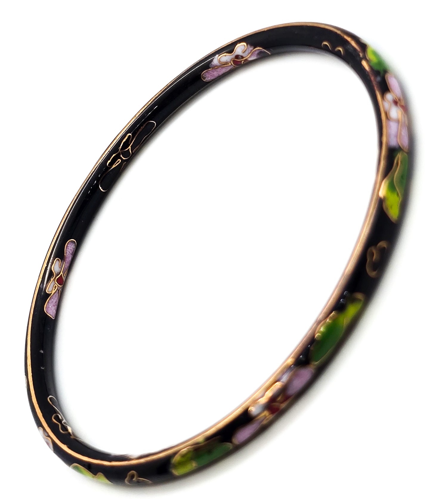 Black Cloisonne enamel pink and green flower vintage thin stacking bangle bracelet