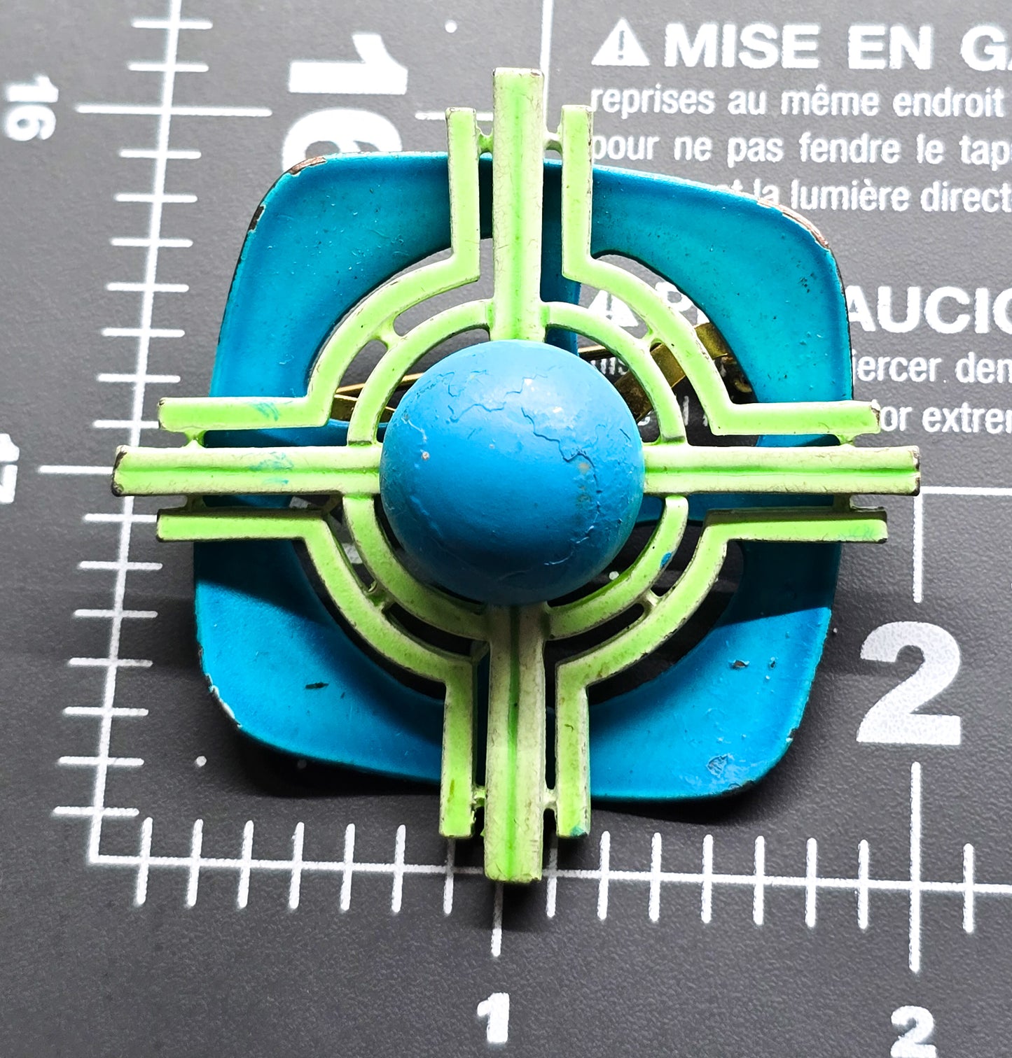 Aqua blue and green retro mod abstract mid century enamel tin pin brooch