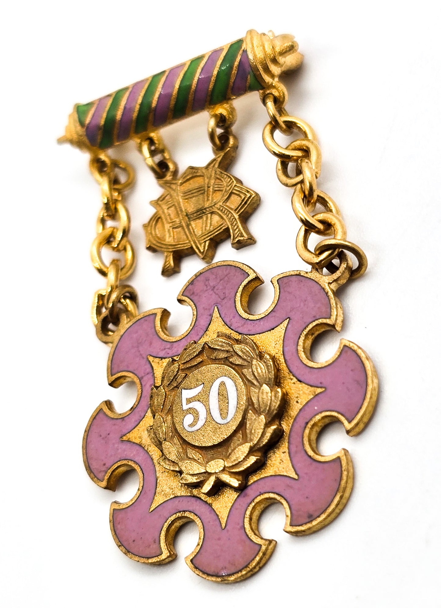 Daughters of Rebekah 50 year fraternal gold filled enamel pink and green lapel pin brooch